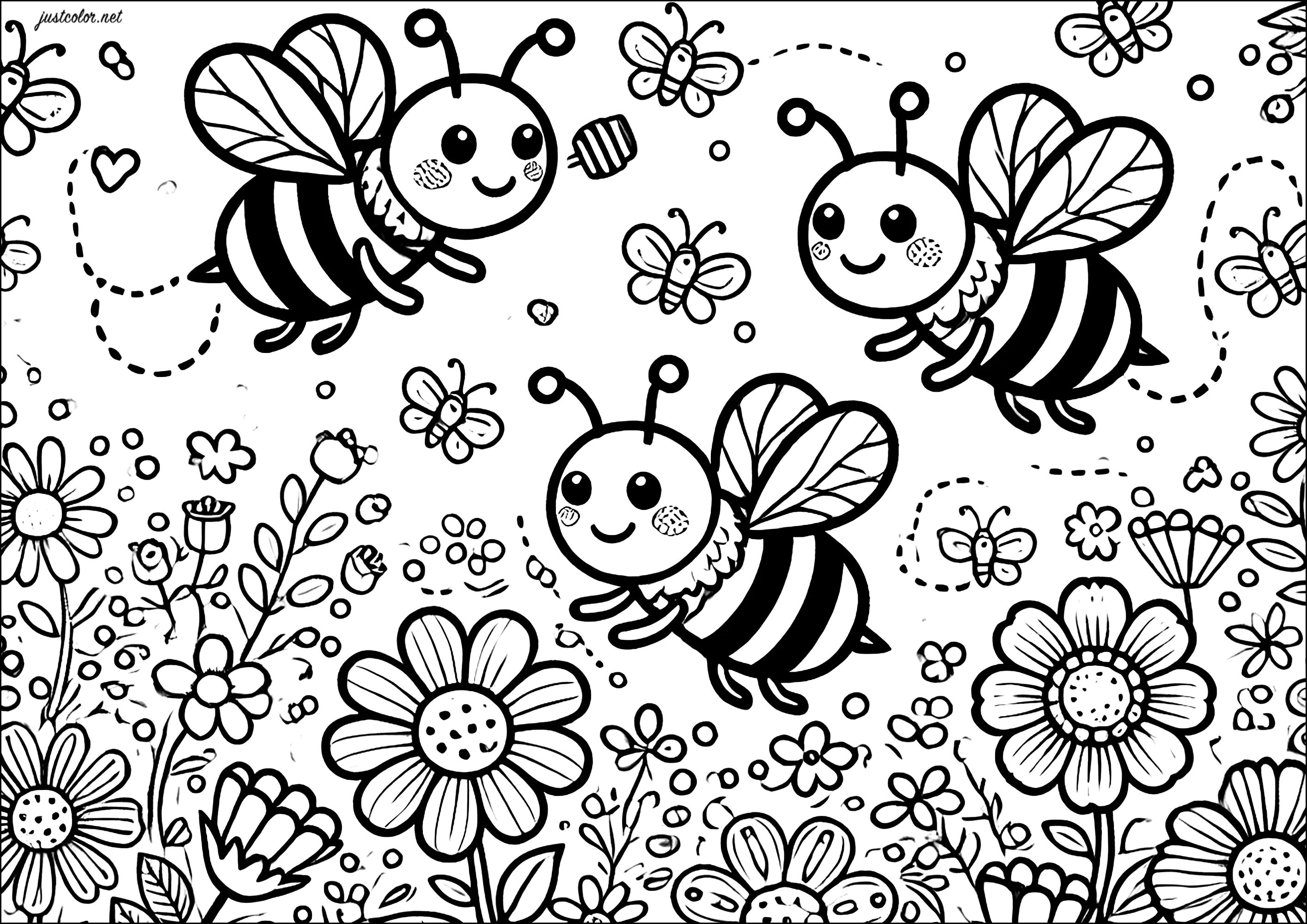 Drei Bienen und hübsche Blumen (Ausmalbild von Insekten zum Ausdrucken und Ausmalen für Kinder)