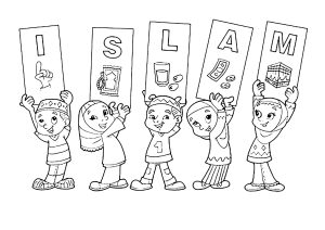 Kinder mit Schildern, die das Wort ISLAM bilden. (Ausmalbild)
