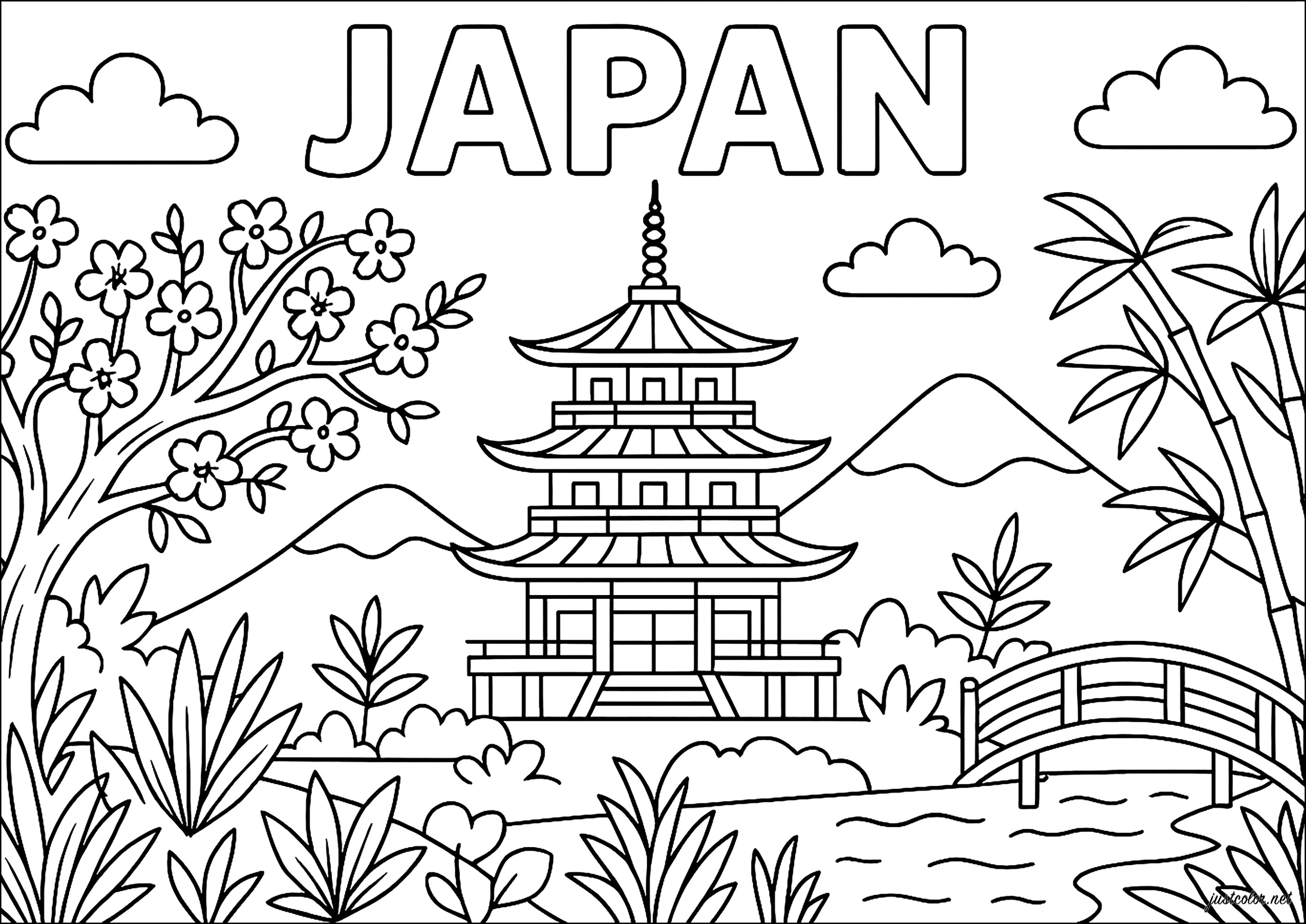 Japan: Harmonie zwischen Tempel und Vegetation (Ausmalbild zum Ausdrucken und Ausmalen für Kinder)