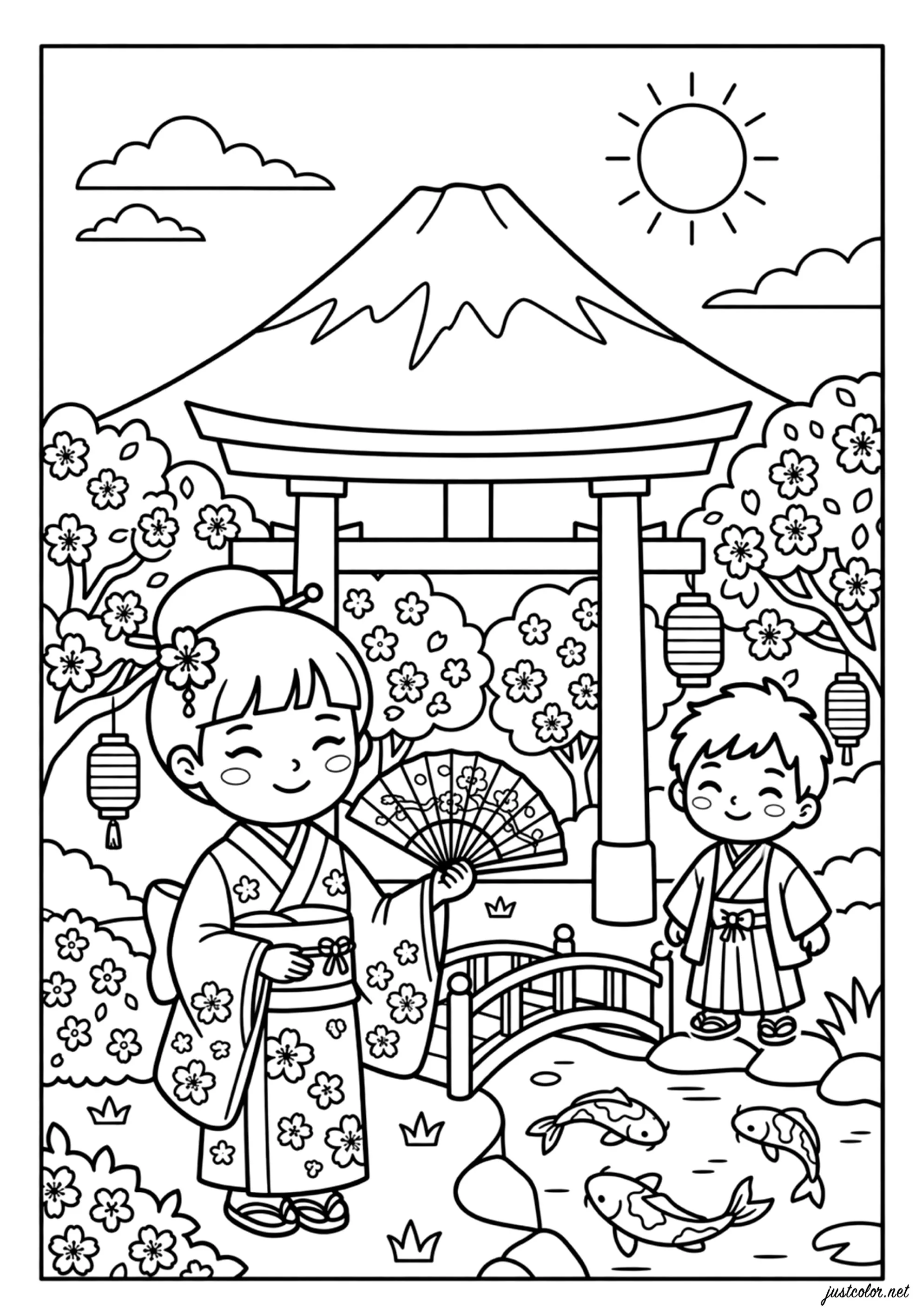 Kinder in Kimonos in der Nähe einer Brücke, mit dem Berg Fuji im Hintergrund (Ausmalbild von Japan zum Ausdrucken und Ausmalen für Kinder)