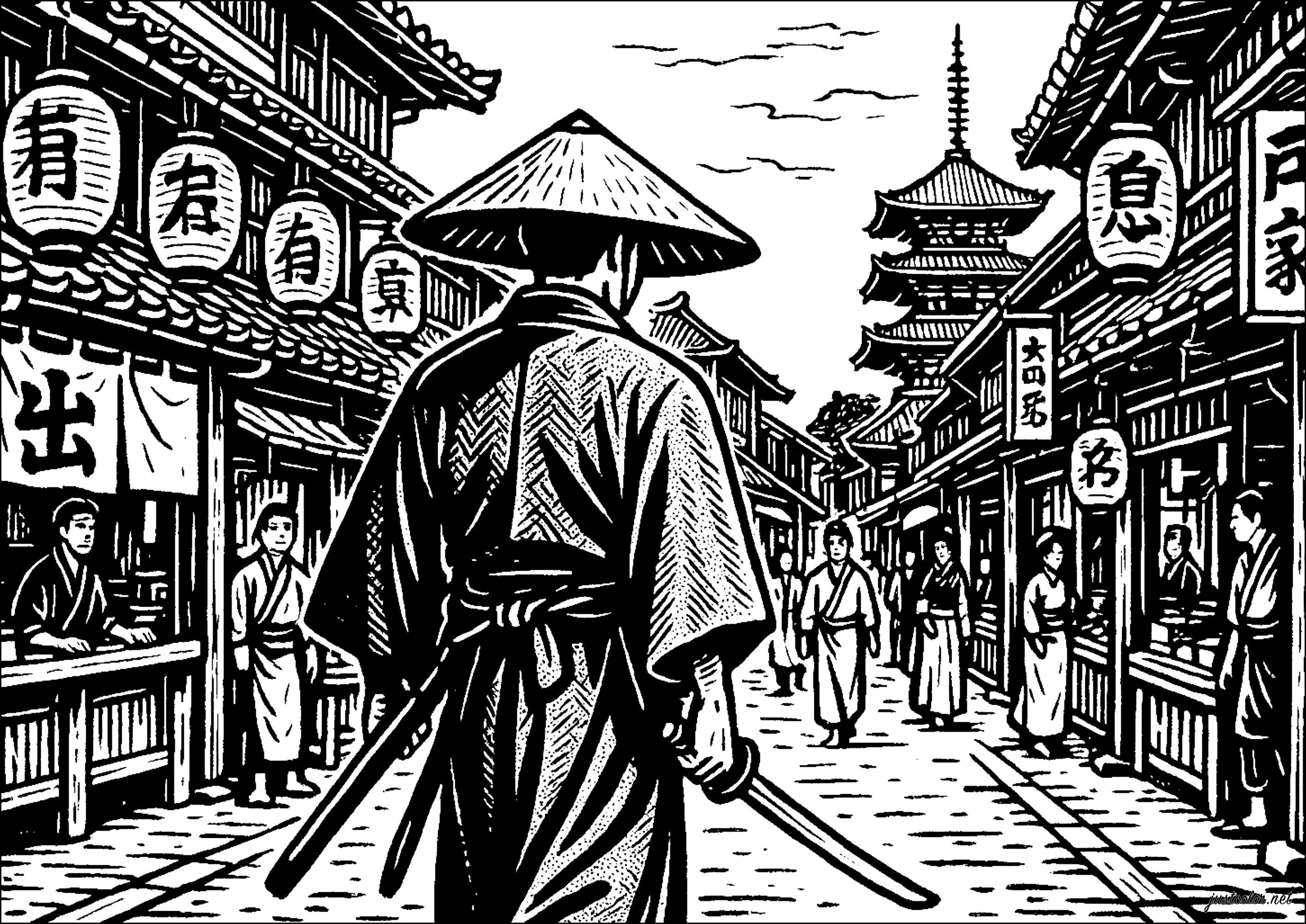 Samurai in einer japanischen Stadt (Ausmalbild von Japan zum Ausdrucken und Ausmalen für Kinder)