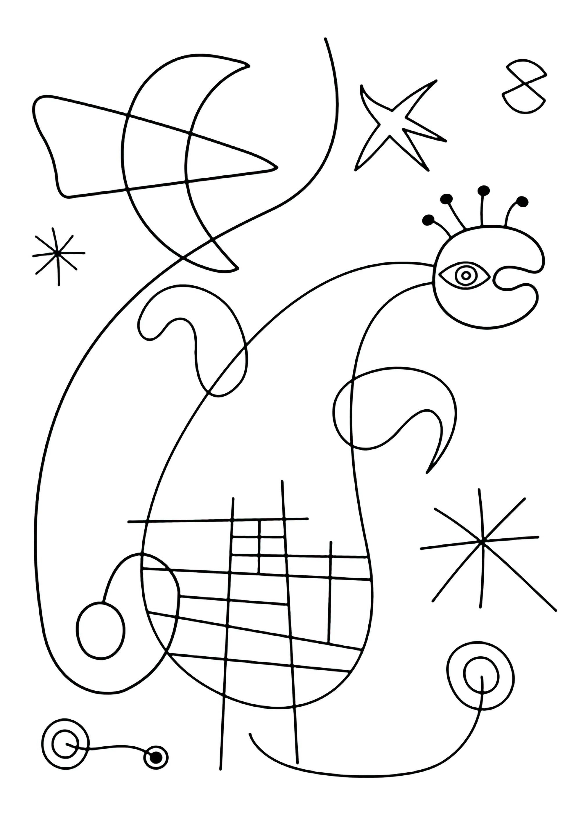 Malbuch erstellt nach einem Kunstwerk von Joan Miró. (Ausmalbild zum Ausdrucken und Ausmalen für Kinder)