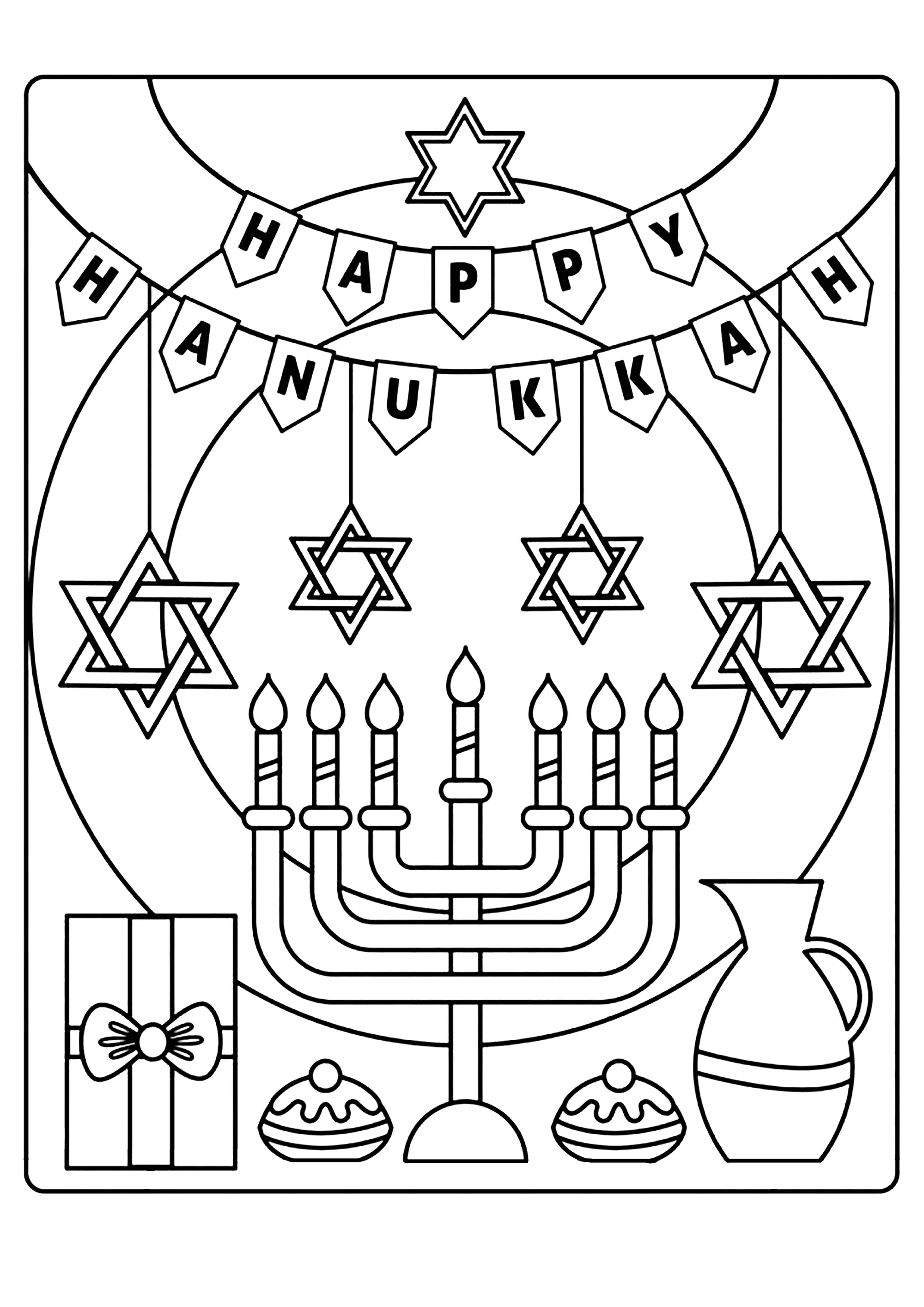 Frohes Hanukkah (Ausmalbild von Judentum zum Ausdrucken und Ausmalen für Kinder)