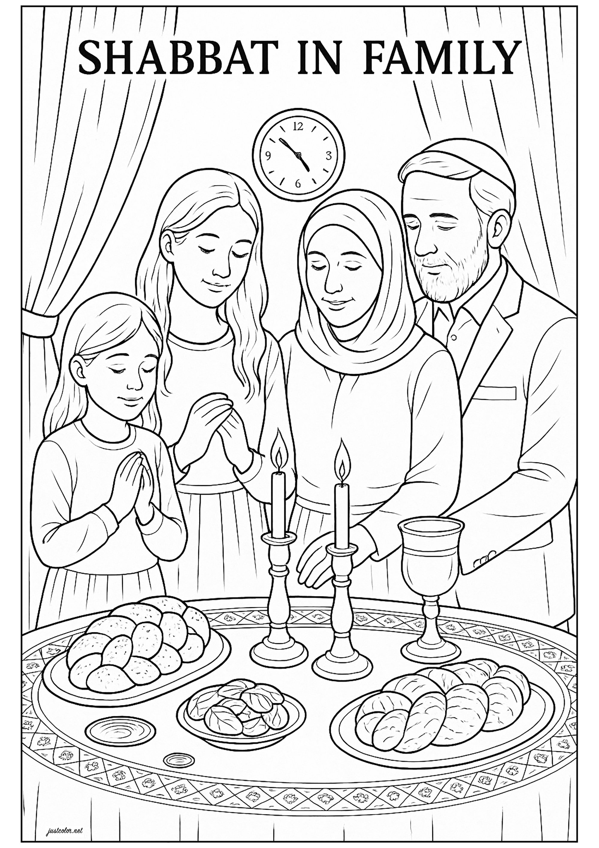 Shabbat in der Familie (Ausmalbild von Judentum zum Ausdrucken und Ausmalen für Kinder)