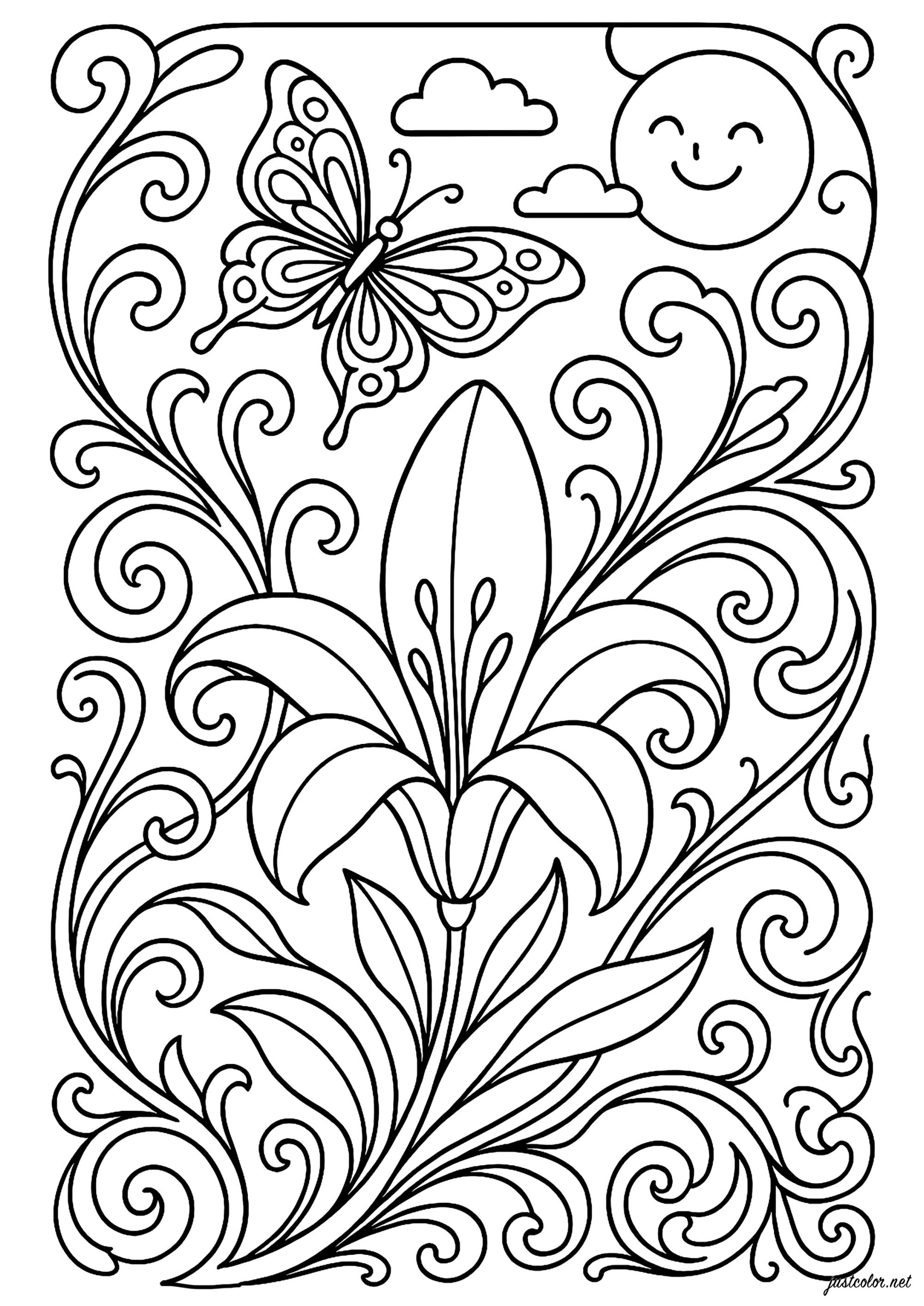 Fröhlicher Schmetterling in einem blühenden Garten (Ausmalbild von Jugendstil zum Ausdrucken und Ausmalen für Kinder)