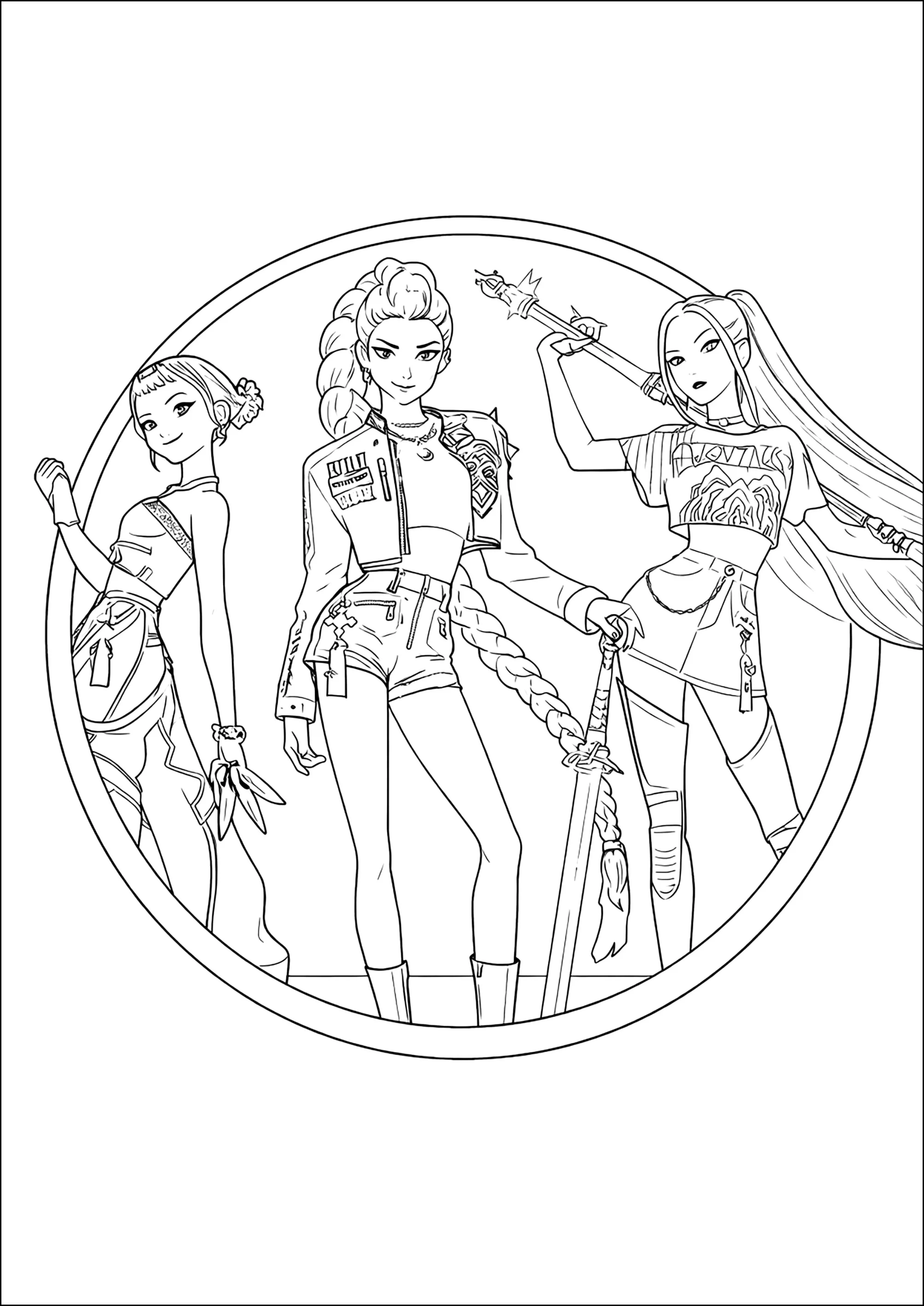 Ejea, Audrey Nuna und Rei Ami (Ausmalbild von K-Pop Demon Hunter zum Ausdrucken und Ausmalen für Kinder)
