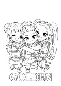 Sängerinnen der Gruppe Huntrx im Chibi-Stil (Ausmalbild von K-Pop Demon Hunter)