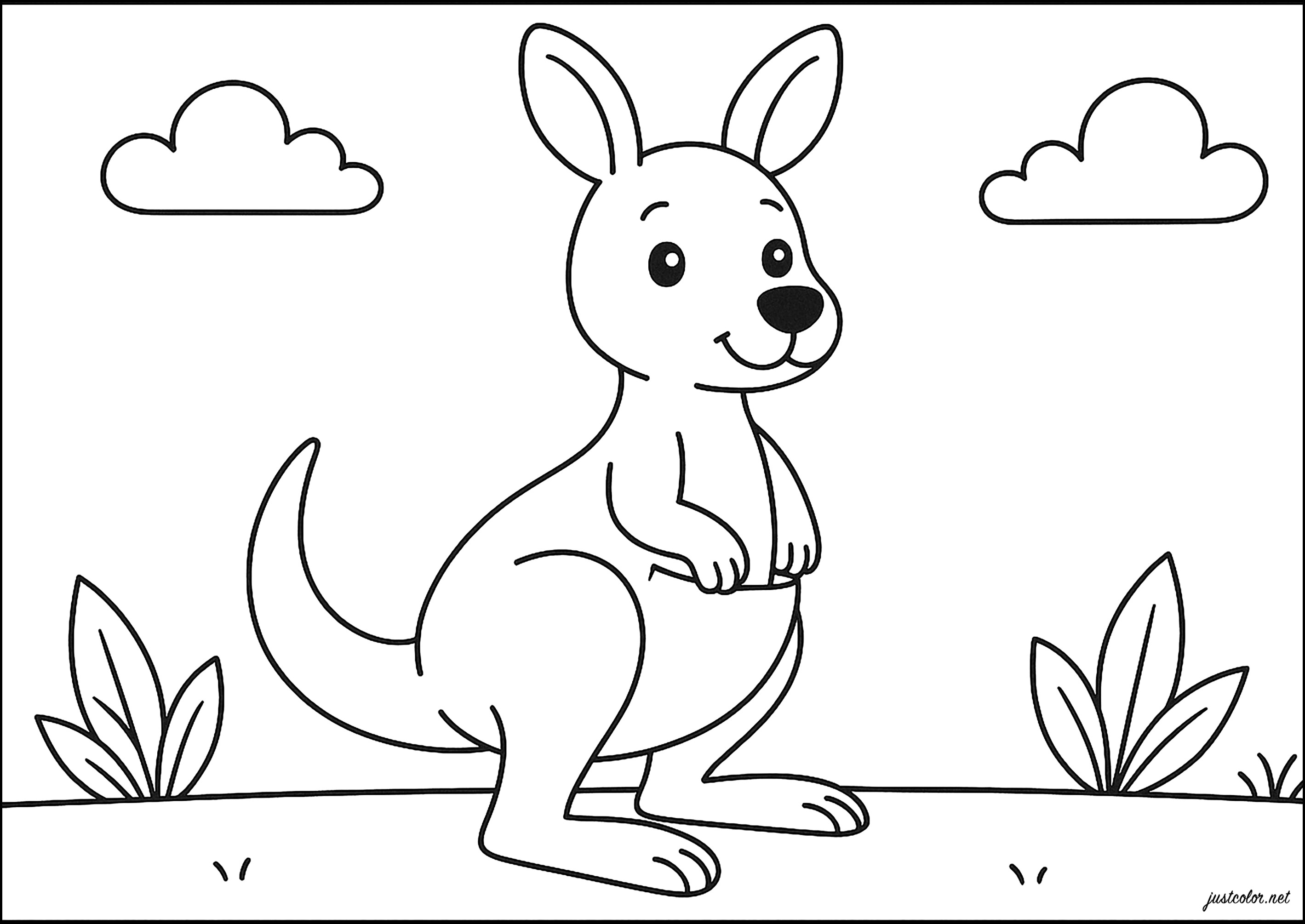 Fröhliches Känguru unter dem Himmel (Ausmalbild von Kaengurus zum Ausdrucken und Ausmalen für Kinder)