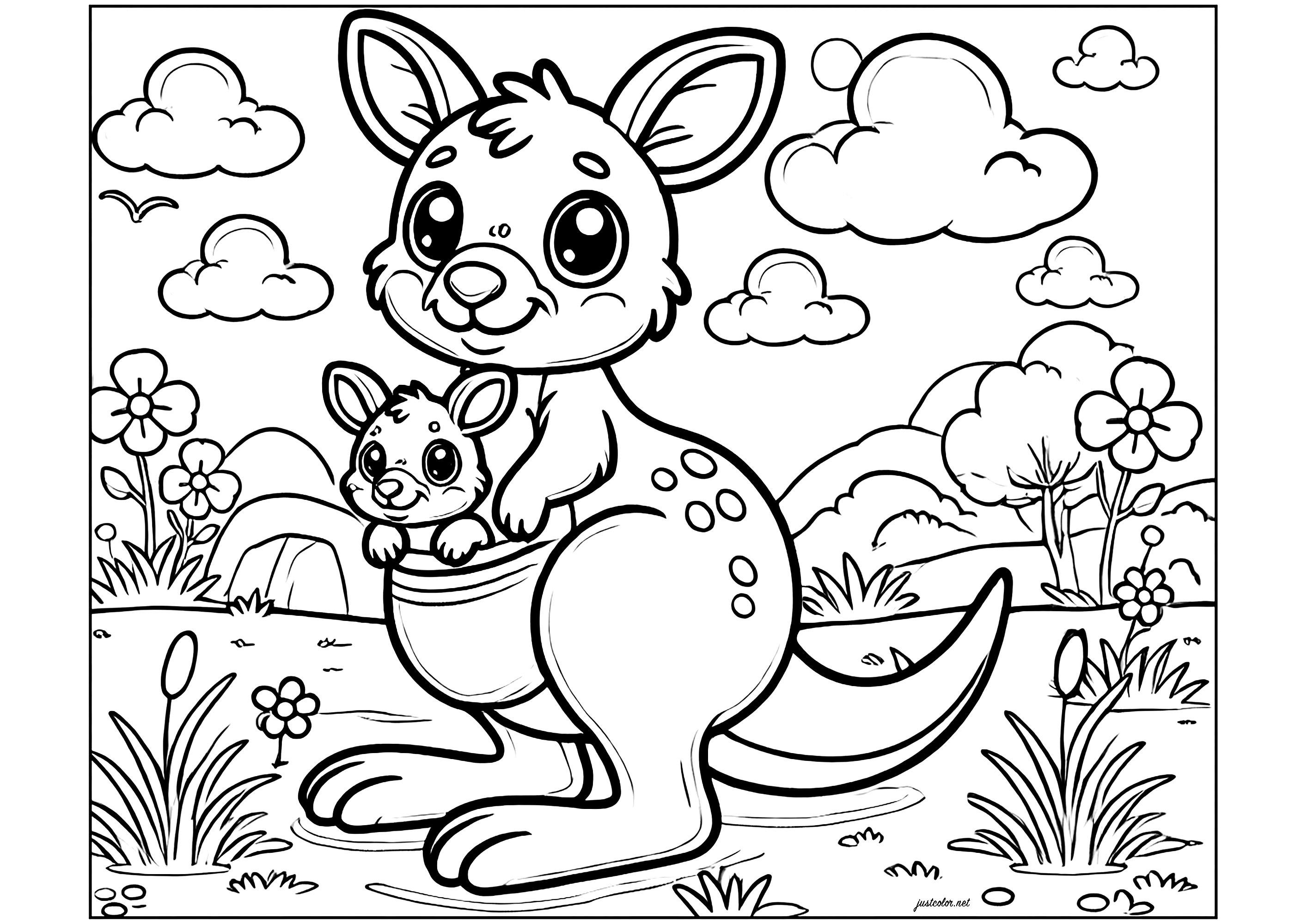 Känguru-Mutter mit ihrem Kleinen im Beutel (Ausmalbild von Kaengurus zum Ausdrucken und Ausmalen für Kinder)