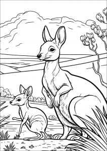 Kängurumutter und ihr Kleines. (Ausmalbild von Kaengurus)
