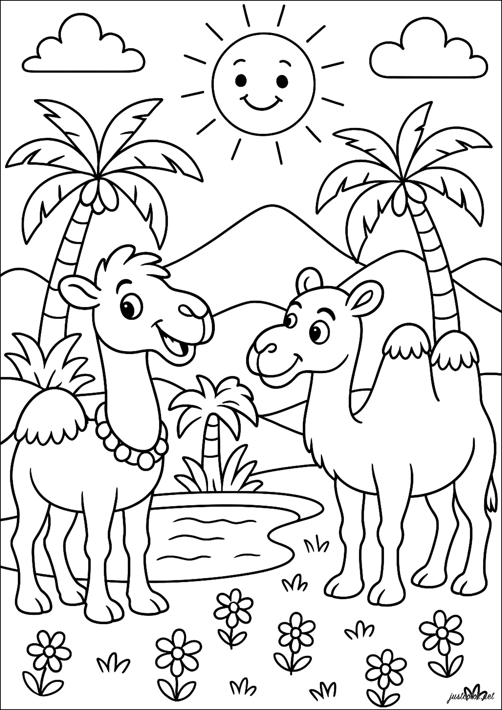Zwei fröhliche Kamele (Ausmalbild von Kamele und Dromedare zum Ausdrucken und Ausmalen für Kinder)