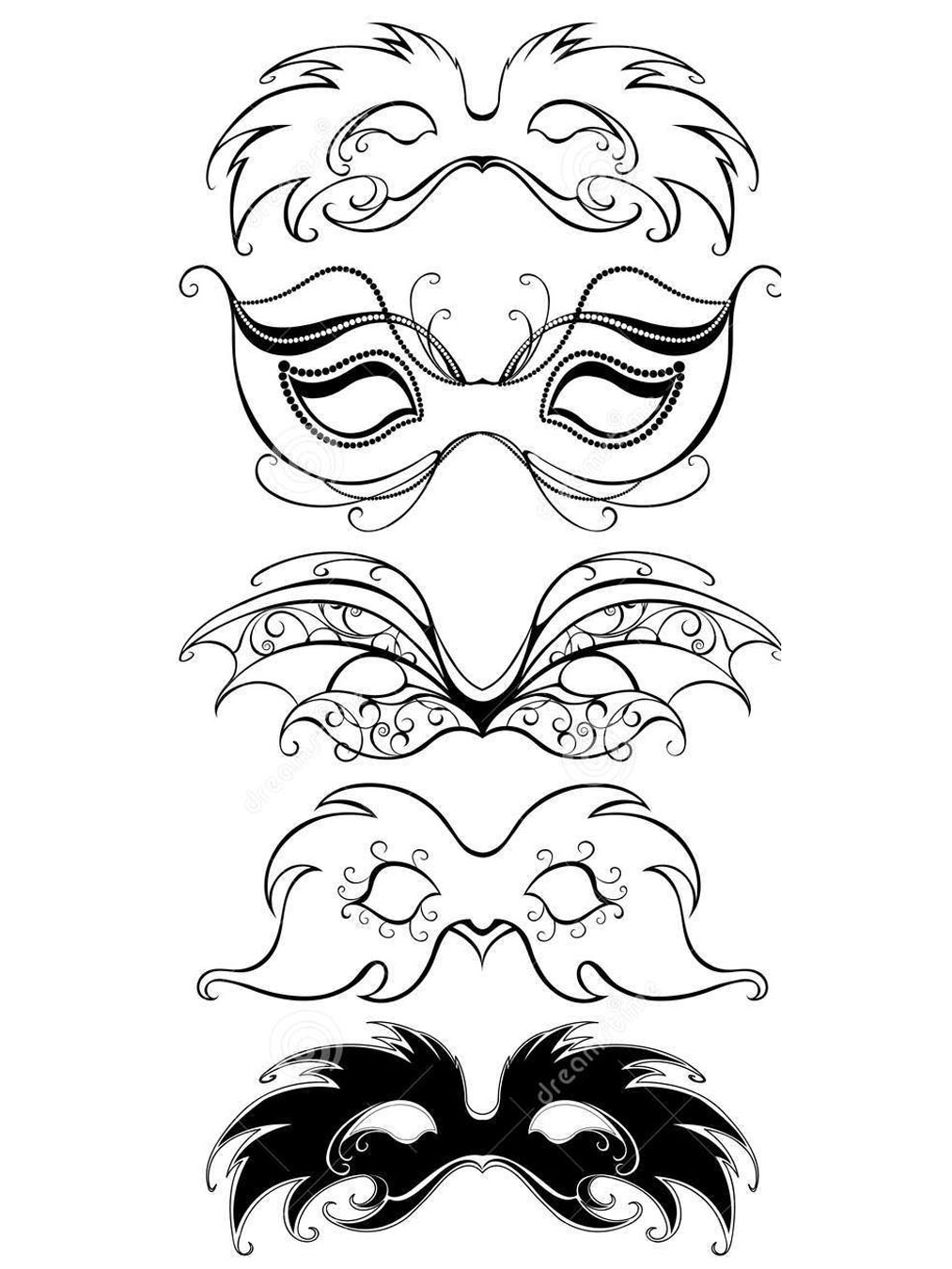 Viele Masken, die nur die Augen bedecken. (Ausmalbild von Karneval zum Ausdrucken und Ausmalen für Kinder)