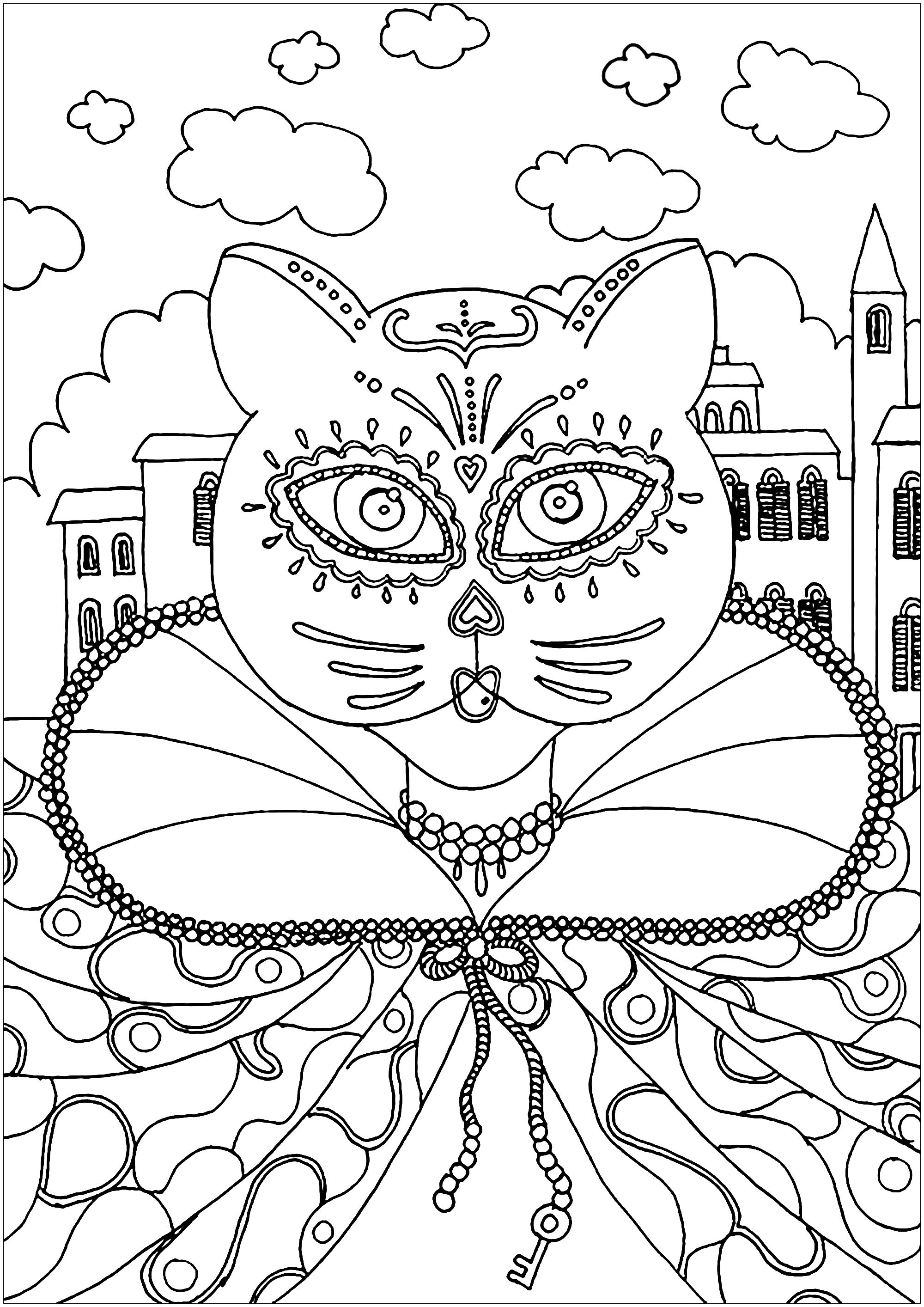 Schöne Katze bereit für den Karneval. (Ausmalbild zum Ausdrucken und Ausmalen für Kinder)