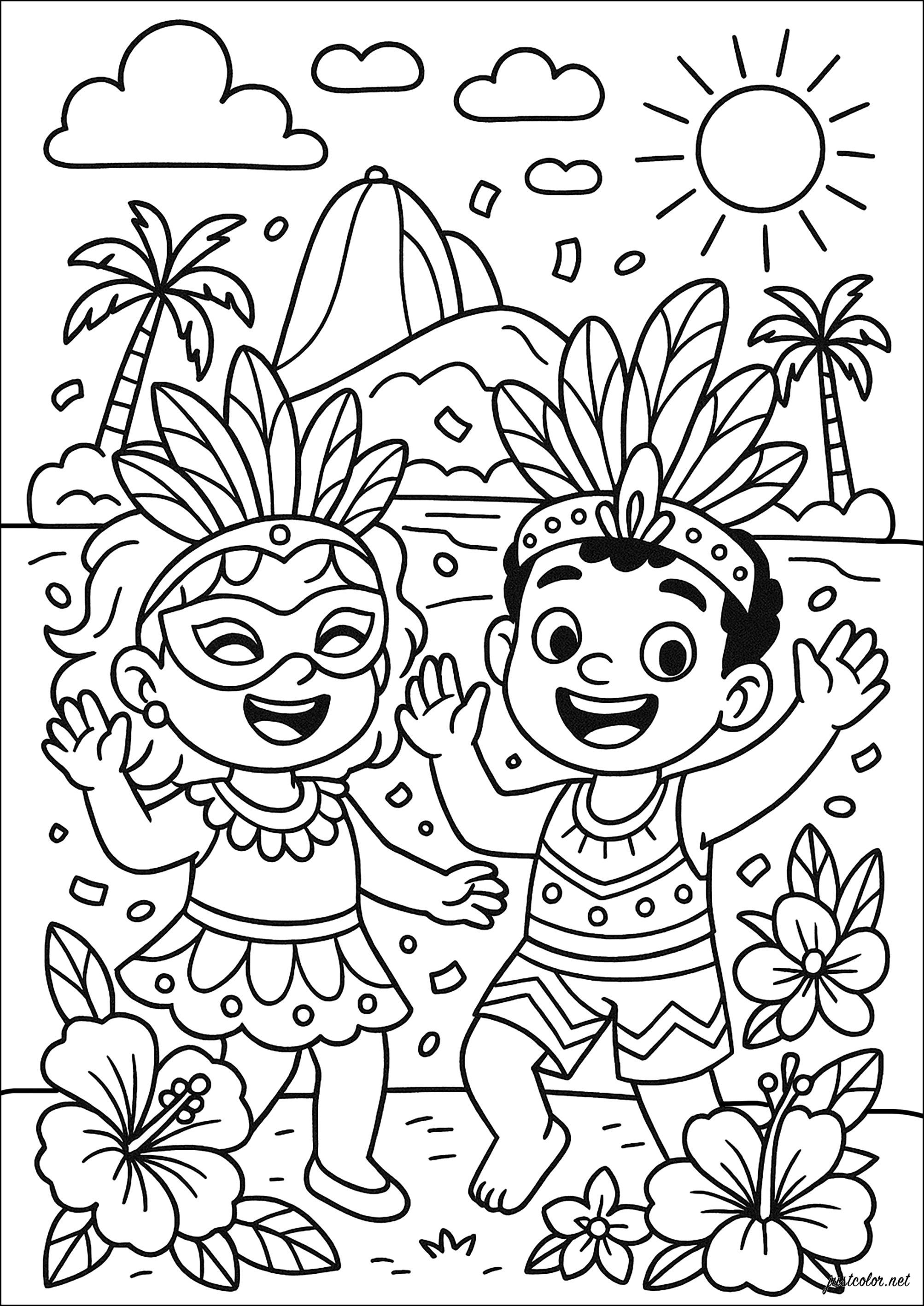 Zwei Kinder auf dem Karneval in Rio (Ausmalbild zum Ausdrucken und Ausmalen für Kinder)