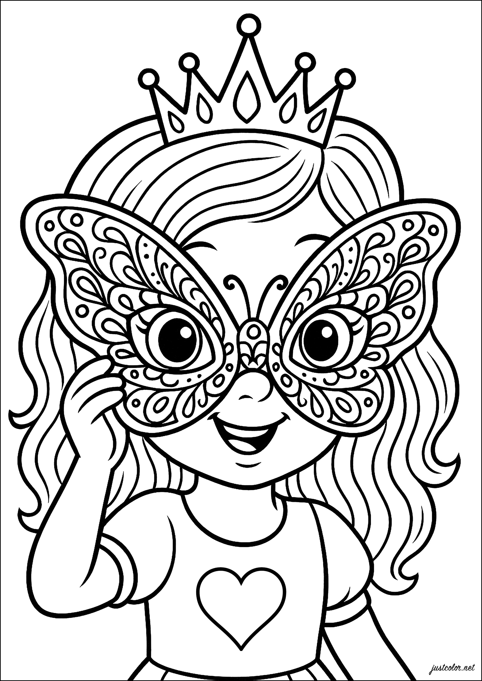 Eine kleine Prinzessin mit einer großen Schmetterlingsmaske (Ausmalbild von Karneval zum Ausdrucken und Ausmalen für Kinder)