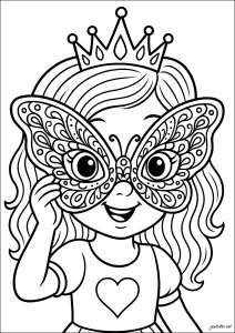 Eine kleine Prinzessin mit einer großen Schmetterlingsmaske (Ausmalbild von Karneval)