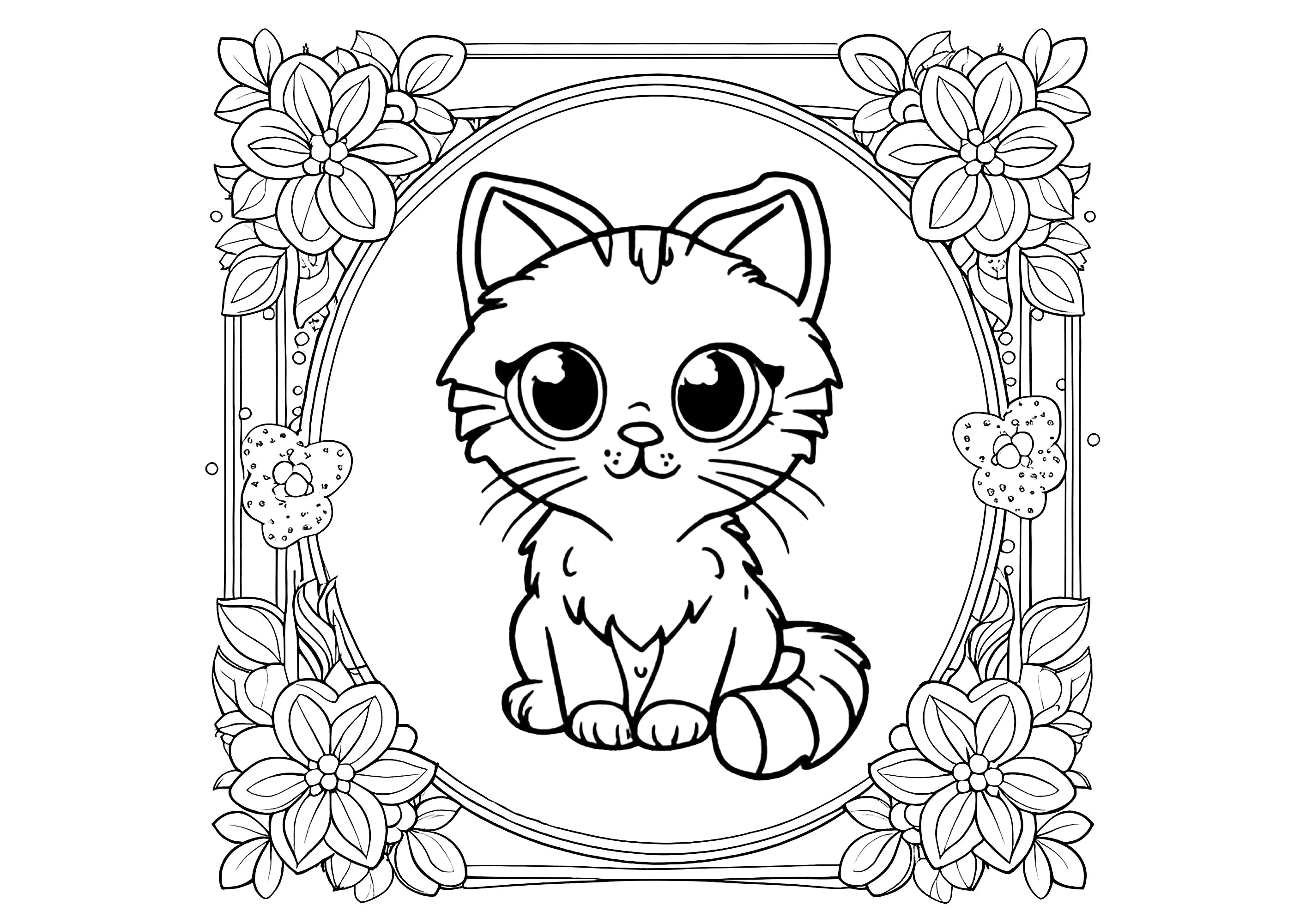Kleines Kätzchen in einem blumigen Rahmen (Ausmalbild von Katzen zum Ausdrucken und Ausmalen für Kinder)