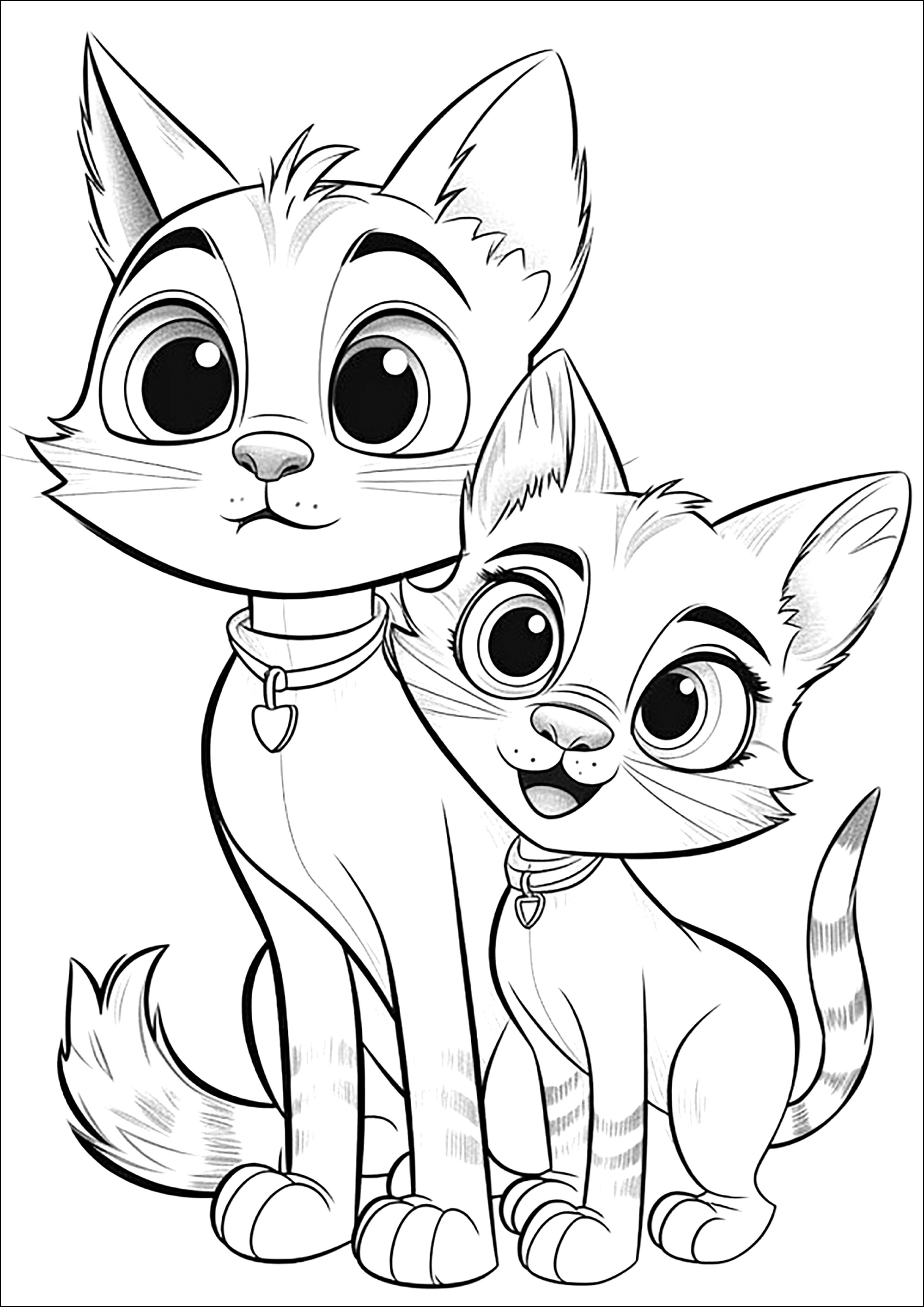 Zwei hübsche Katzen, gezeichnet im Disney-Pixar-Stil. (Ausmalbild zum Ausdrucken und Ausmalen für Kinder)