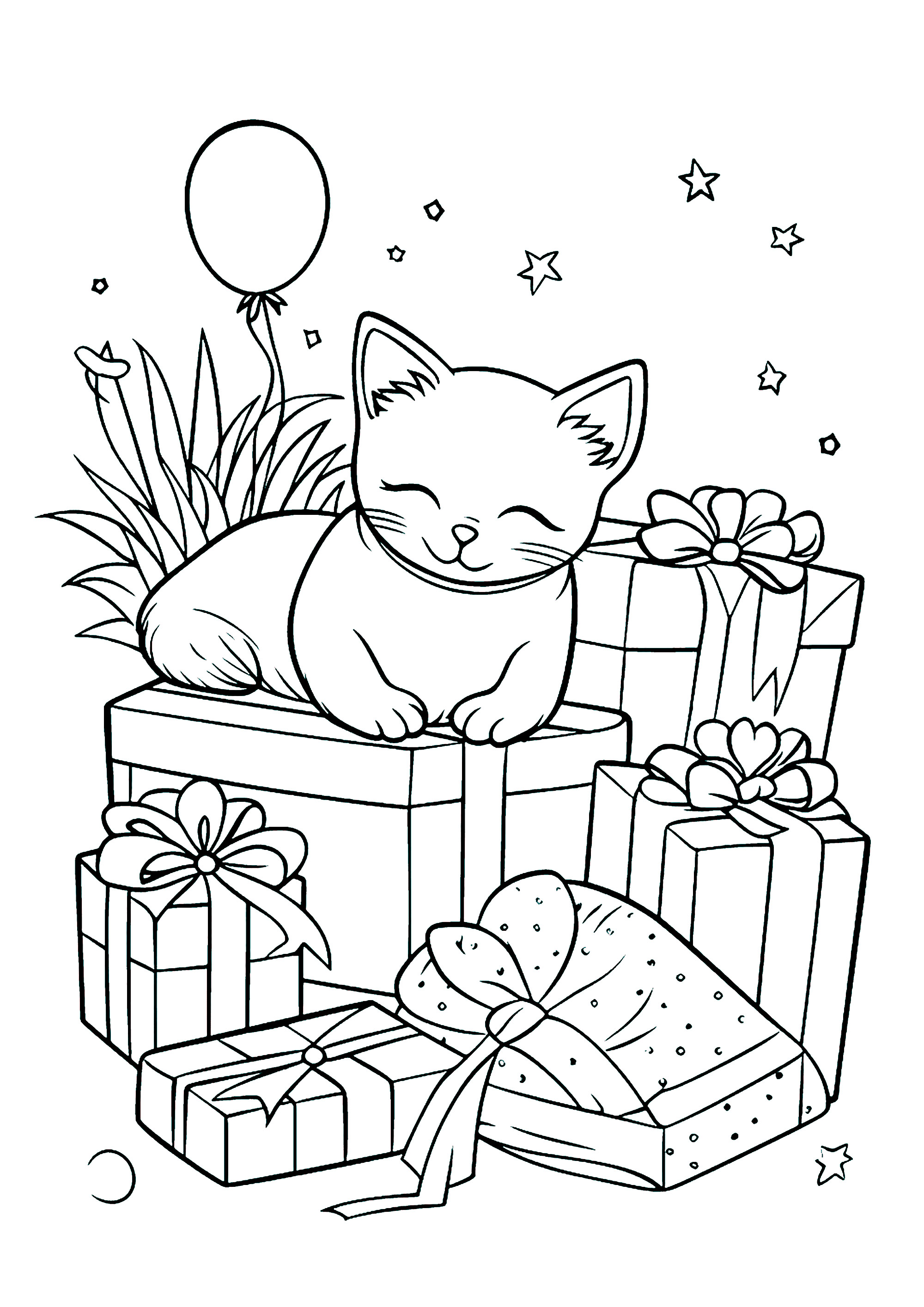 Ausmalbild von Katzen : Ein Kater und viele eingepackte Geschenke. Ausmalbild von Katzen zum Ausdrucken und Ausmalen für Kinder : Ein Kater und viele eingepackte Geschenke.