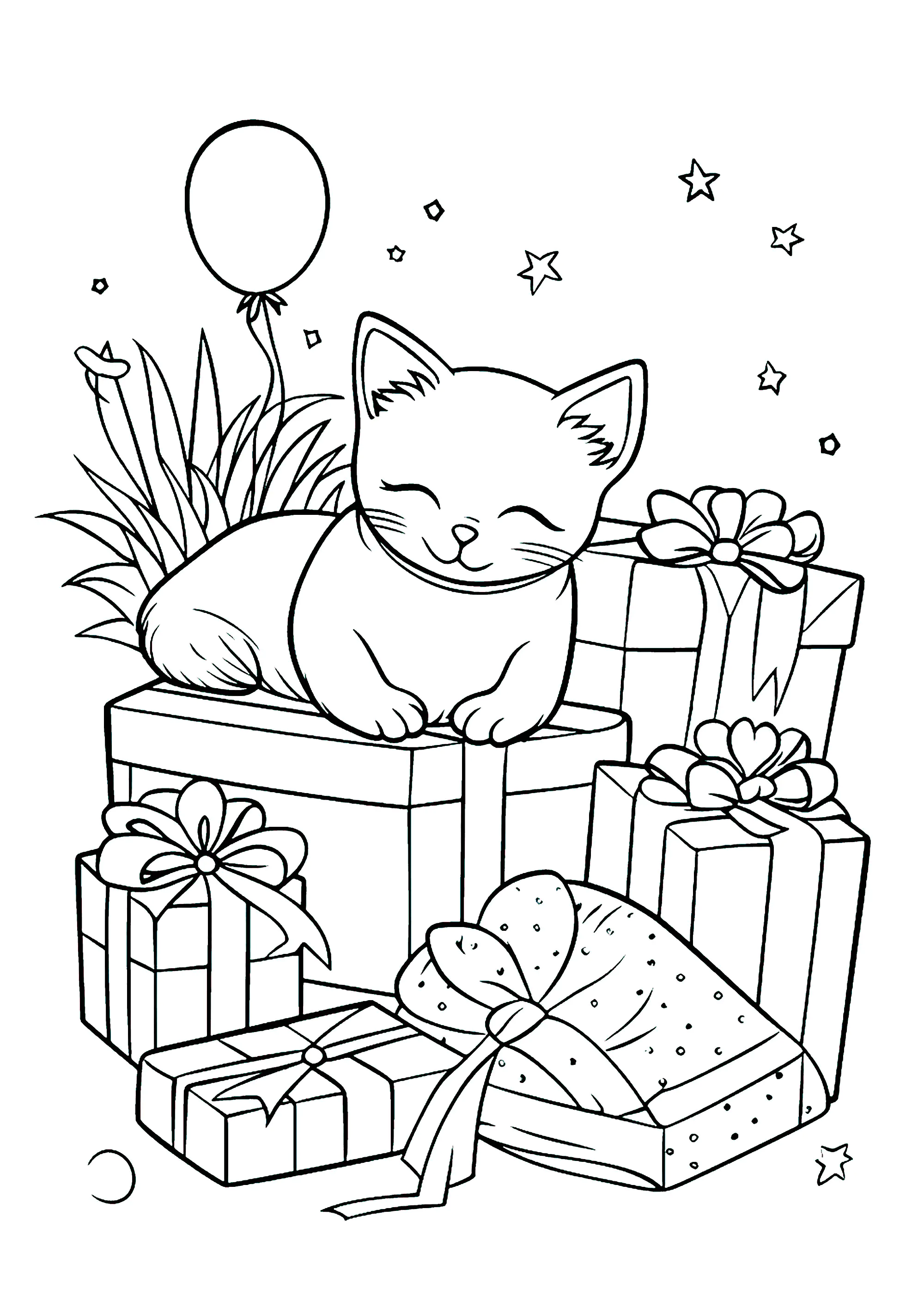 Ein Kater und viele eingepackte Geschenke. (Ausmalbild von Katzen zum Ausdrucken und Ausmalen für Kinder)