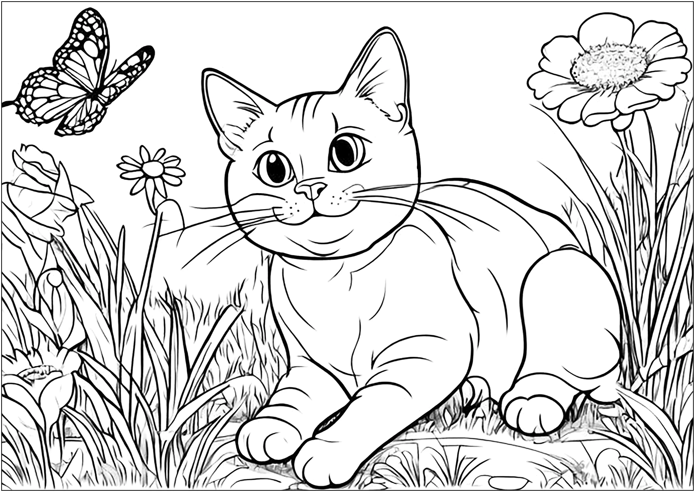 Die Katze und der Schmetterling (Ausmalbild von Katzen zum Ausdrucken und Ausmalen für Kinder)