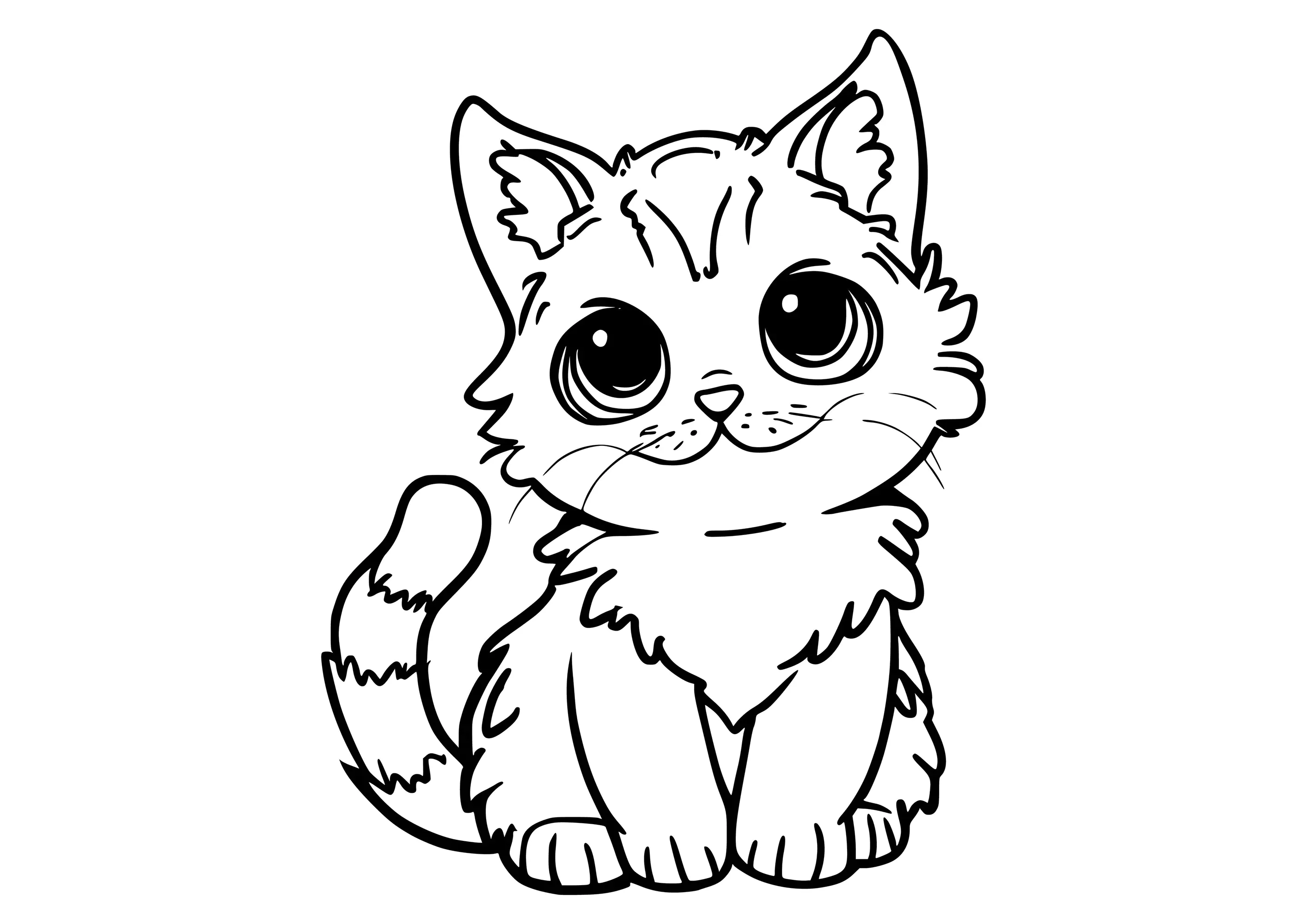 Hübsche Katze im Kawaii-Stil (Ausmalbild von Katzen zum Ausdrucken und Ausmalen für Kinder)