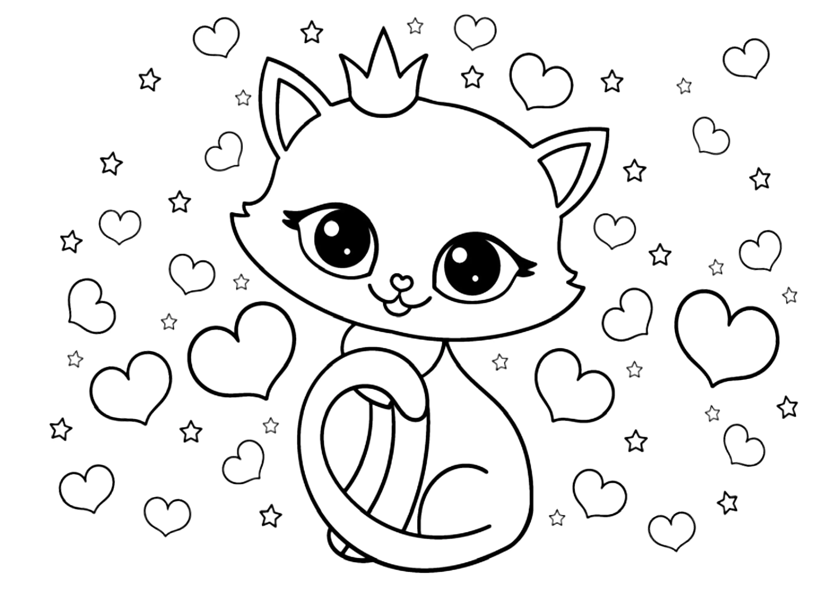 Eine von vielen Herzen umgebene Katzenprinzessin (Ausmalbild von Katzen zum Ausdrucken und Ausmalen für Kinder)