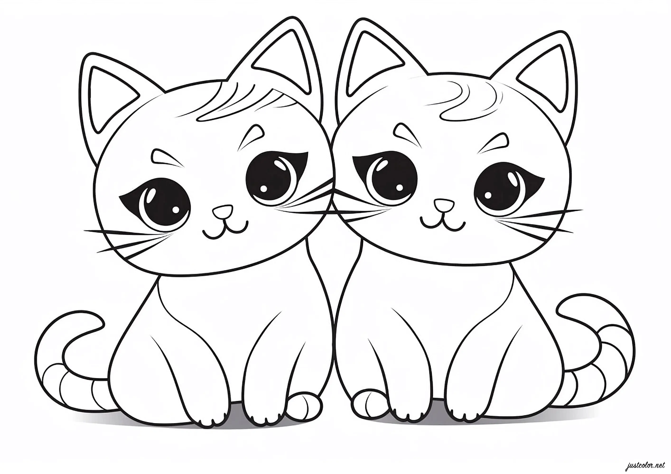 Zwei im Kawaii-Stil sehr einfach gezeichnete Katzen. (Ausmalbild zum Ausdrucken und Ausmalen für Kinder)