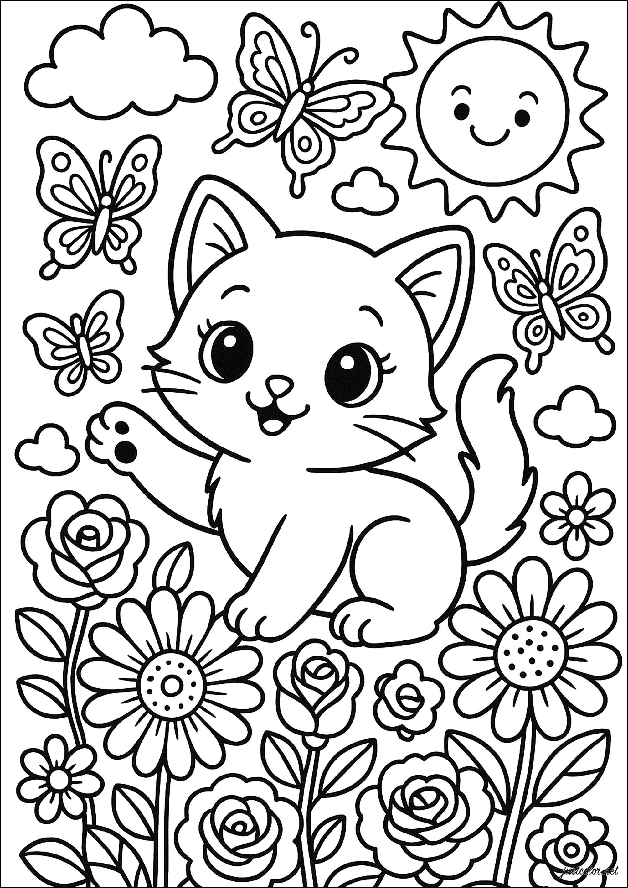 Fröhliches Kätzchen im Magischen Garten (Ausmalbild von Katzen zum Ausdrucken und Ausmalen für Kinder)