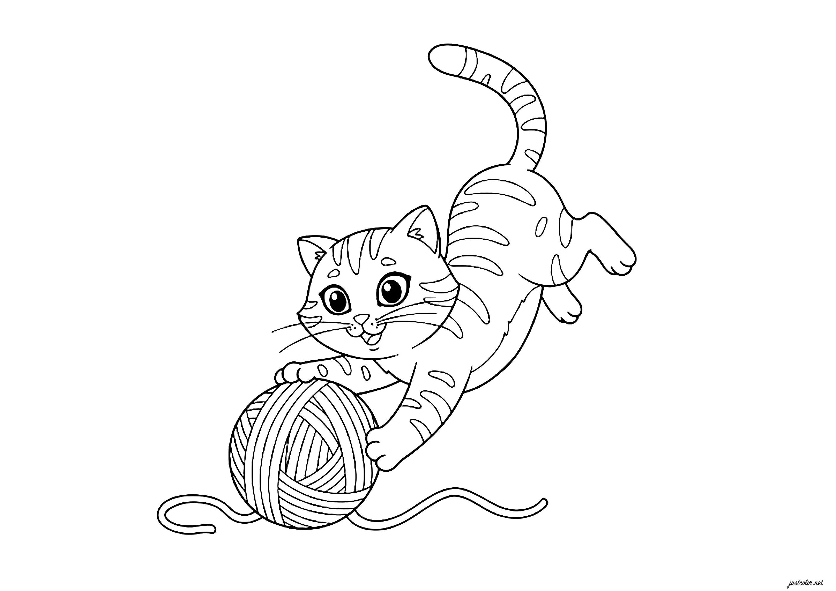 Katze spielt mit einem Wollknäuel (Ausmalbild von Katzen zum Ausdrucken und Ausmalen für Kinder)
