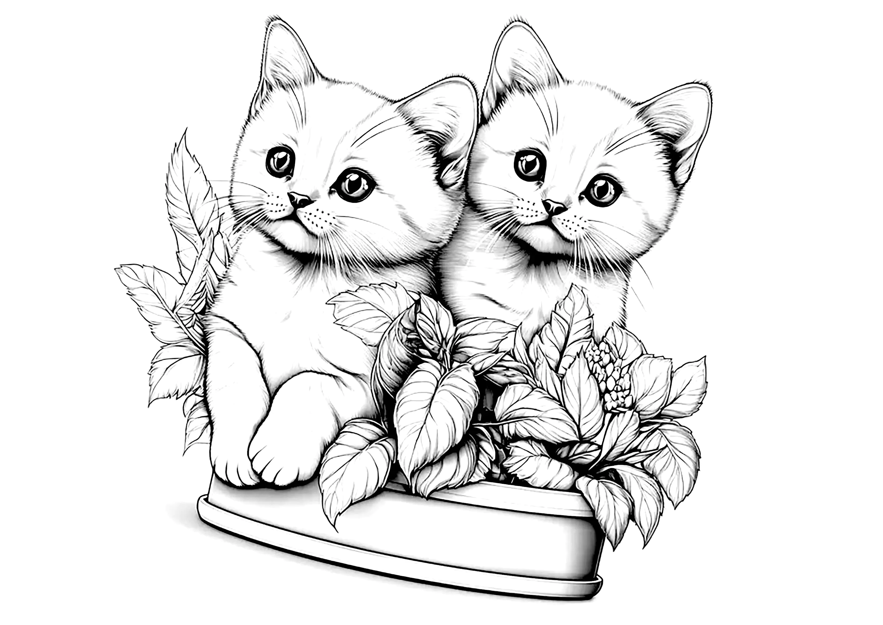 Zwei süße kleine Kätzchen (Ausmalbild von Katzen zum Ausdrucken und Ausmalen für Kinder)
