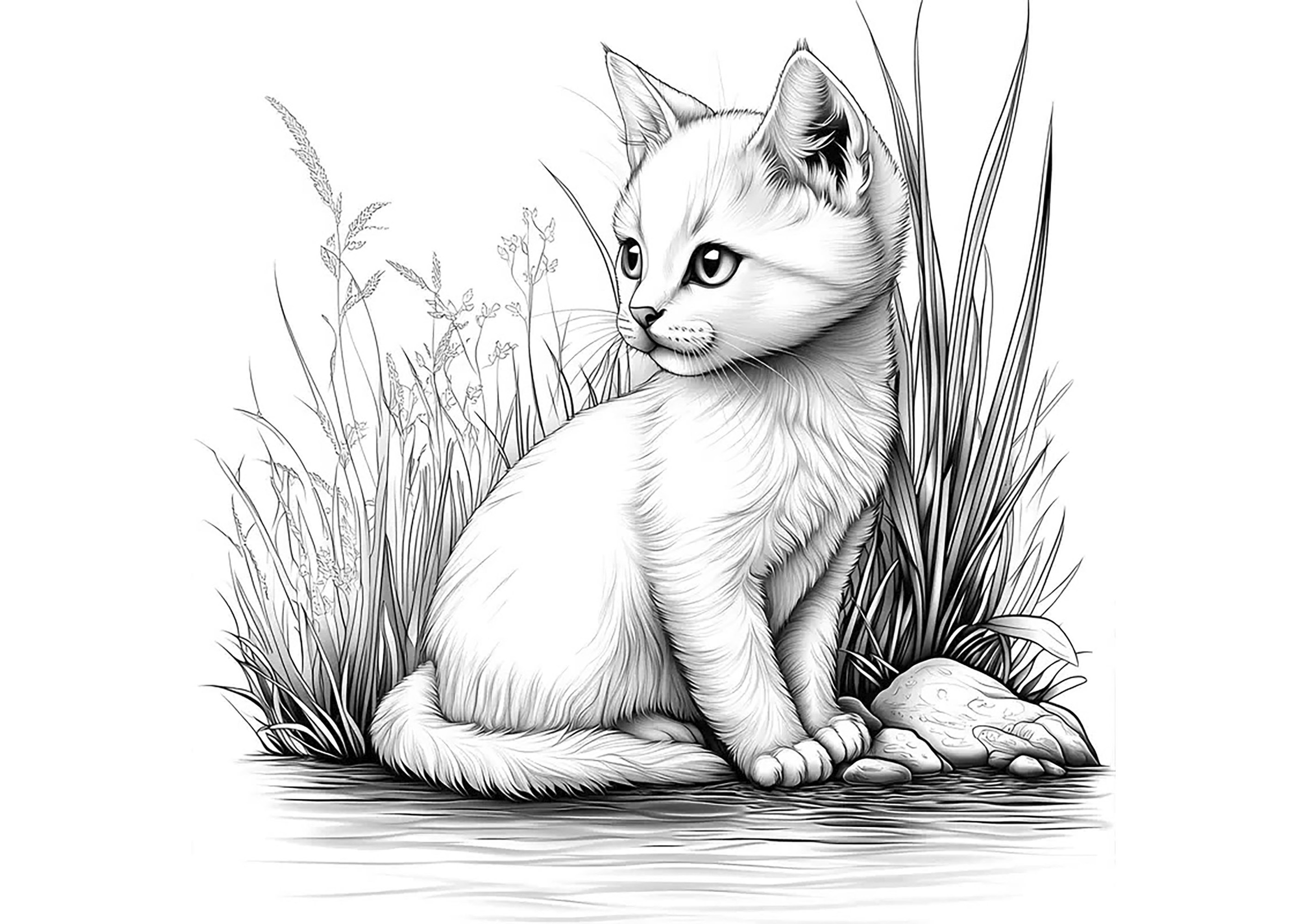 Kleines Kätzchen in der Natur - Ausmalbilder von Katzen zum Ausmalen