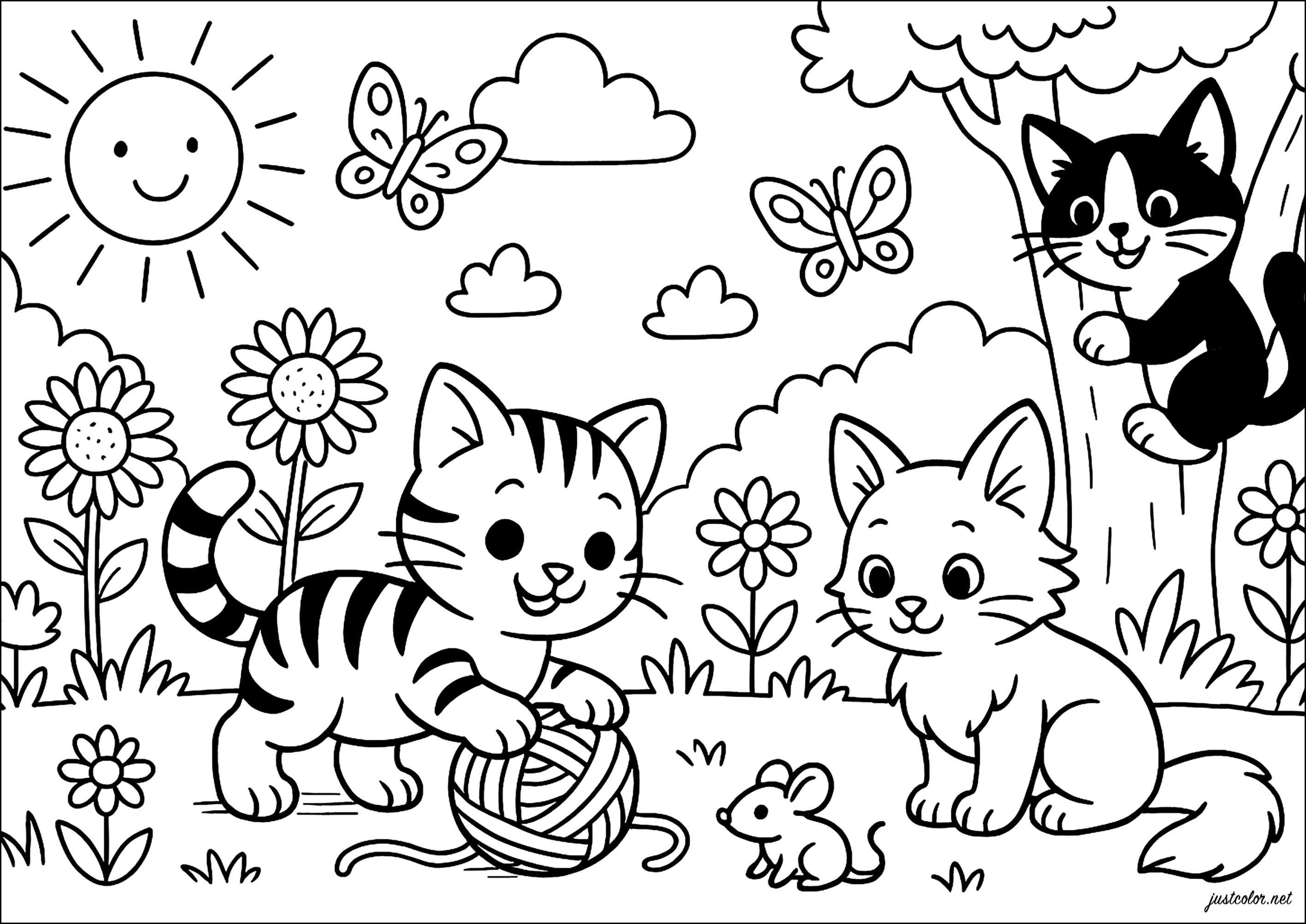 Verspielte Kätzchen im Garten (Ausmalbild von Katzen zum Ausdrucken und Ausmalen für Kinder)