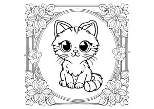 Kleines Kätzchen in einem blumigen Rahmen (Ausmalbild von Katzen)