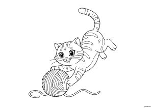 Katze spielt mit einem Wollknäuel (Ausmalbild von Katzen)