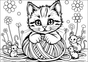 Kleine Katze und Wollknäuel (Ausmalbild von Katzen)