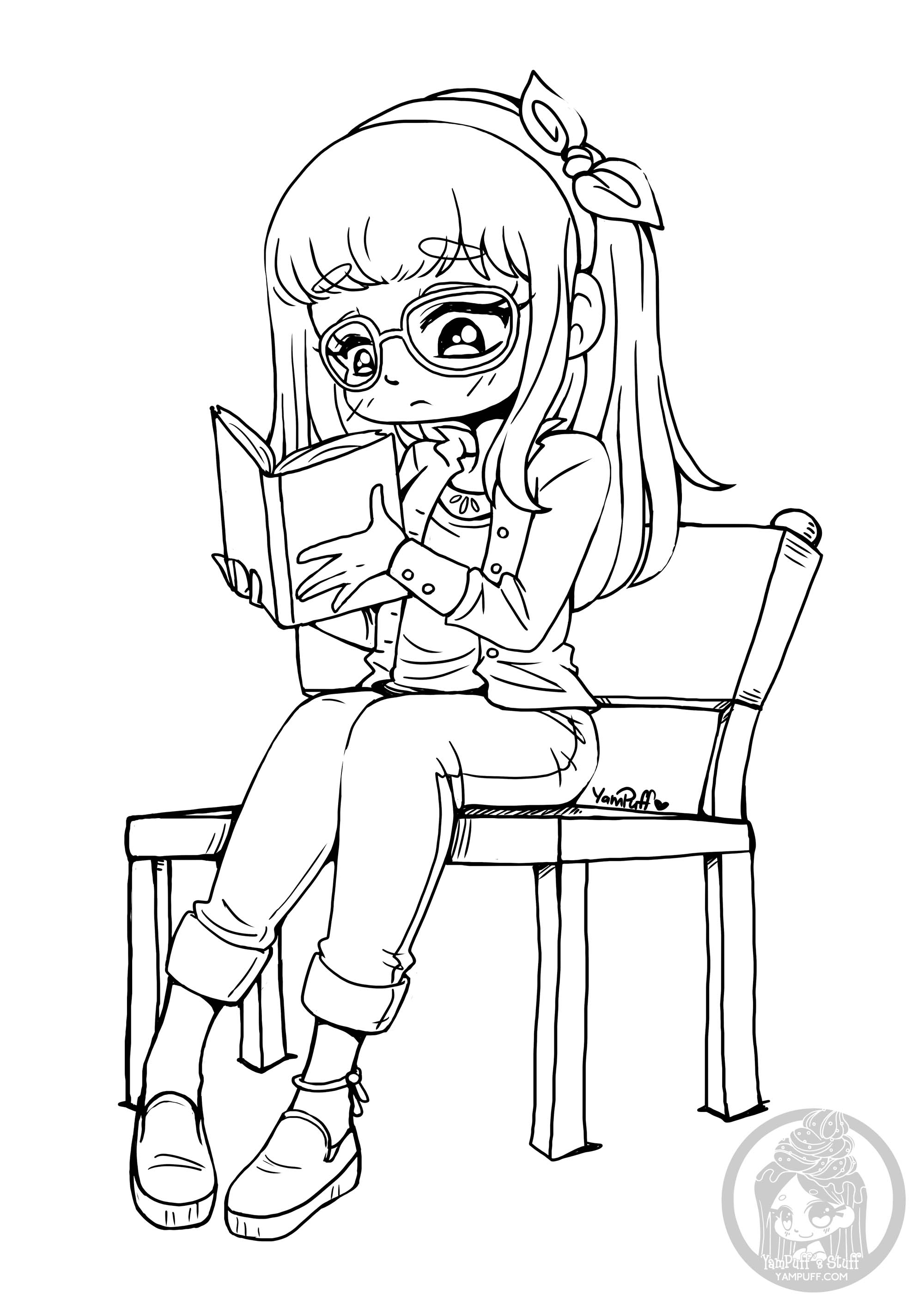Das lesende Mädchen (Ausmalbild von Kawaii zum Ausdrucken und Ausmalen für Kinder)