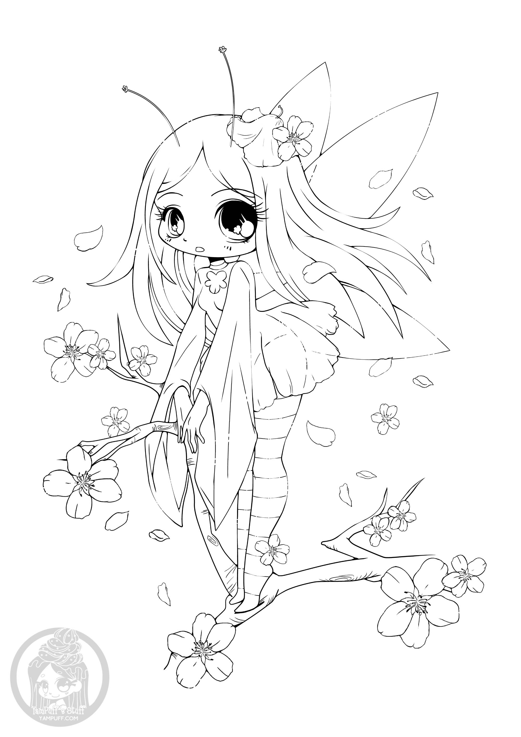 Kirschbaumfee (Ausmalbild von Kawaii zum Ausdrucken und Ausmalen für Kinder)