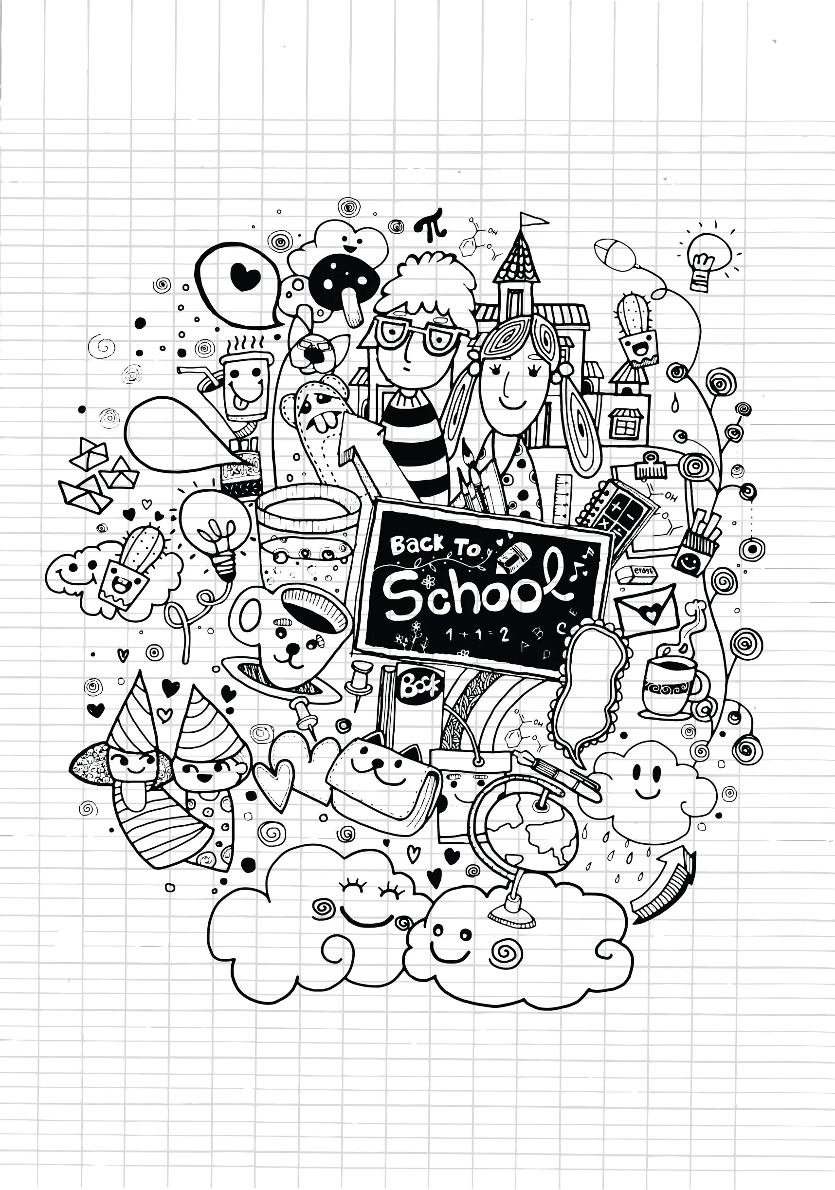 Zurück zur Schule im Kawaii-Modus! (Ausmalbild zum Ausdrucken und Ausmalen für Kinder)