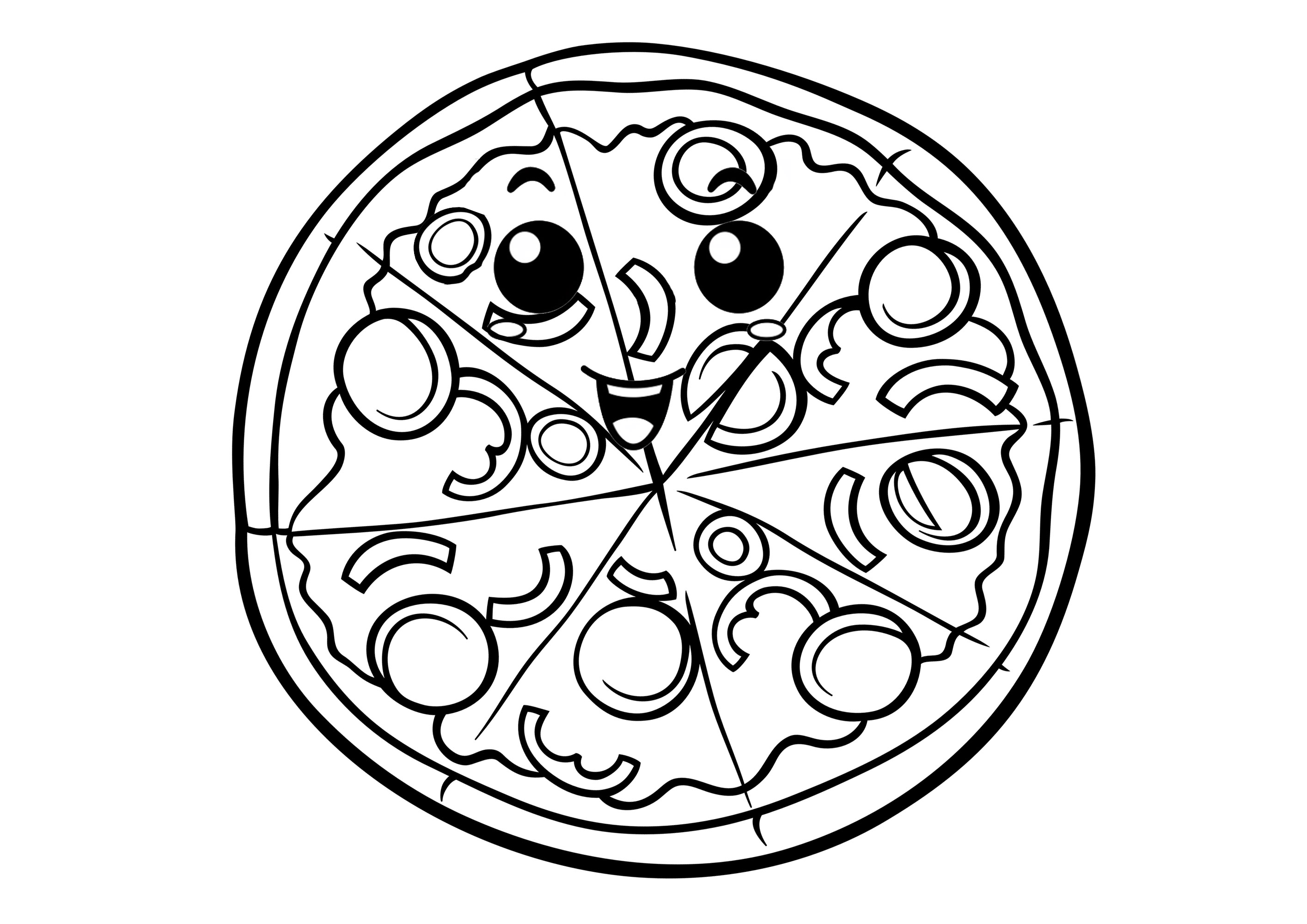Große Kawaii Pizza (Ausmalbild zum Ausdrucken und Ausmalen für Kinder)