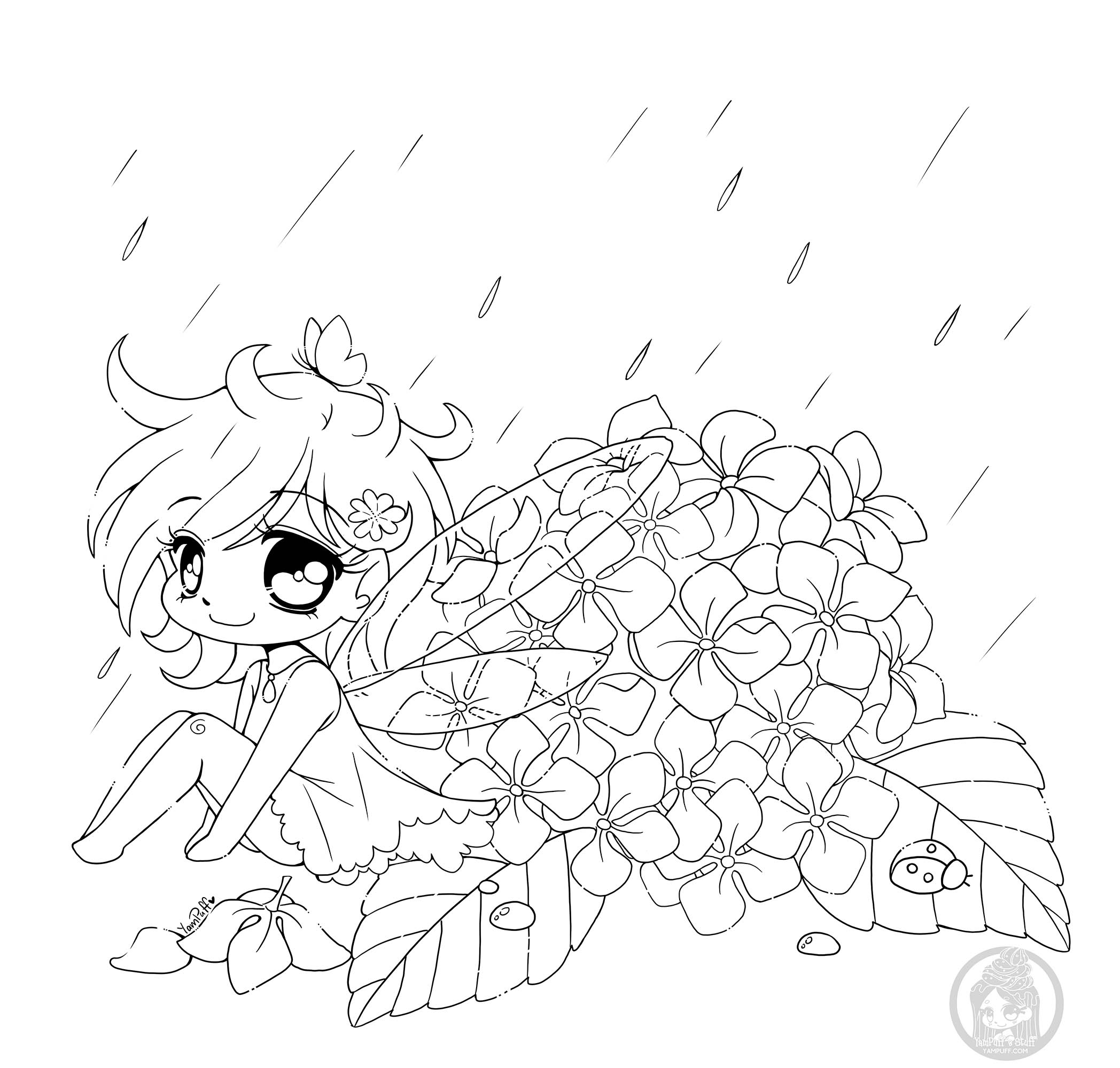 Die Hortensienfee (Ausmalbild von Kawaii zum Ausdrucken und Ausmalen für Kinder)