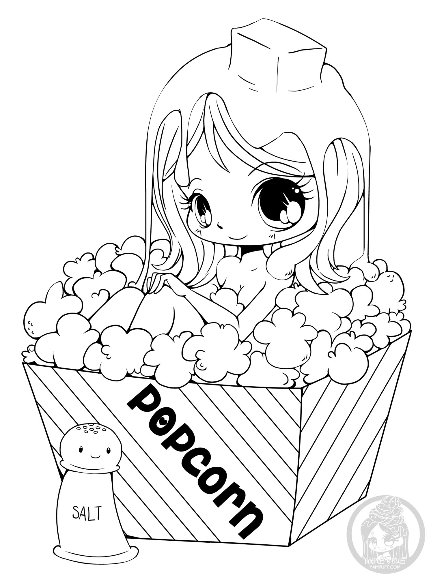 Ein Popcornbad (Ausmalbild von Kawaii zum Ausdrucken und Ausmalen für Kinder)