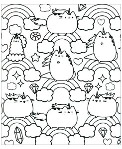 Ausmalbild von Kawaii zum Ausdrucken und Ausmalen für Kinder : Pusheen-Katze-und-Regenbogen