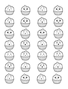 Ausmalbild von zum Ausdrucken und Ausmalen für Kinder : Hübsche Kawaii Cup Cakes