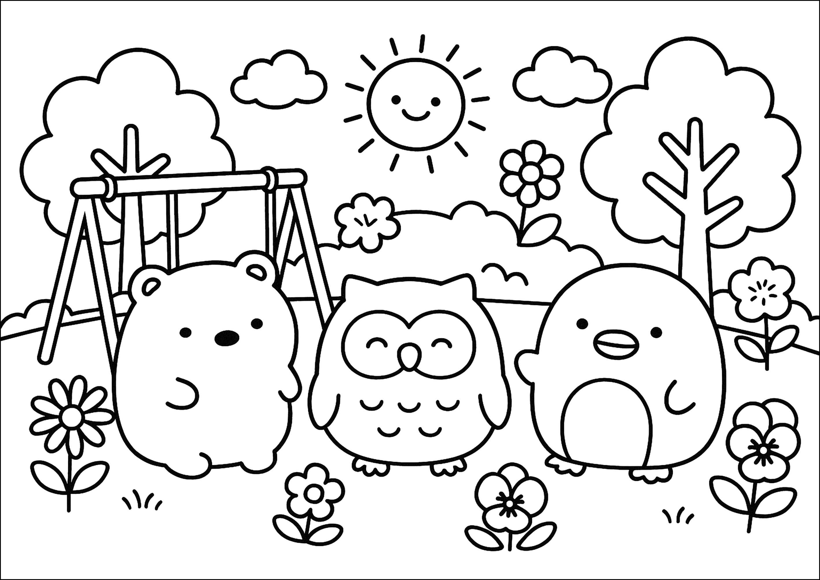 Sonniger Tag mit tierischen Freunden (Ausmalbild von Kawaii zum Ausdrucken und Ausmalen für Kinder)