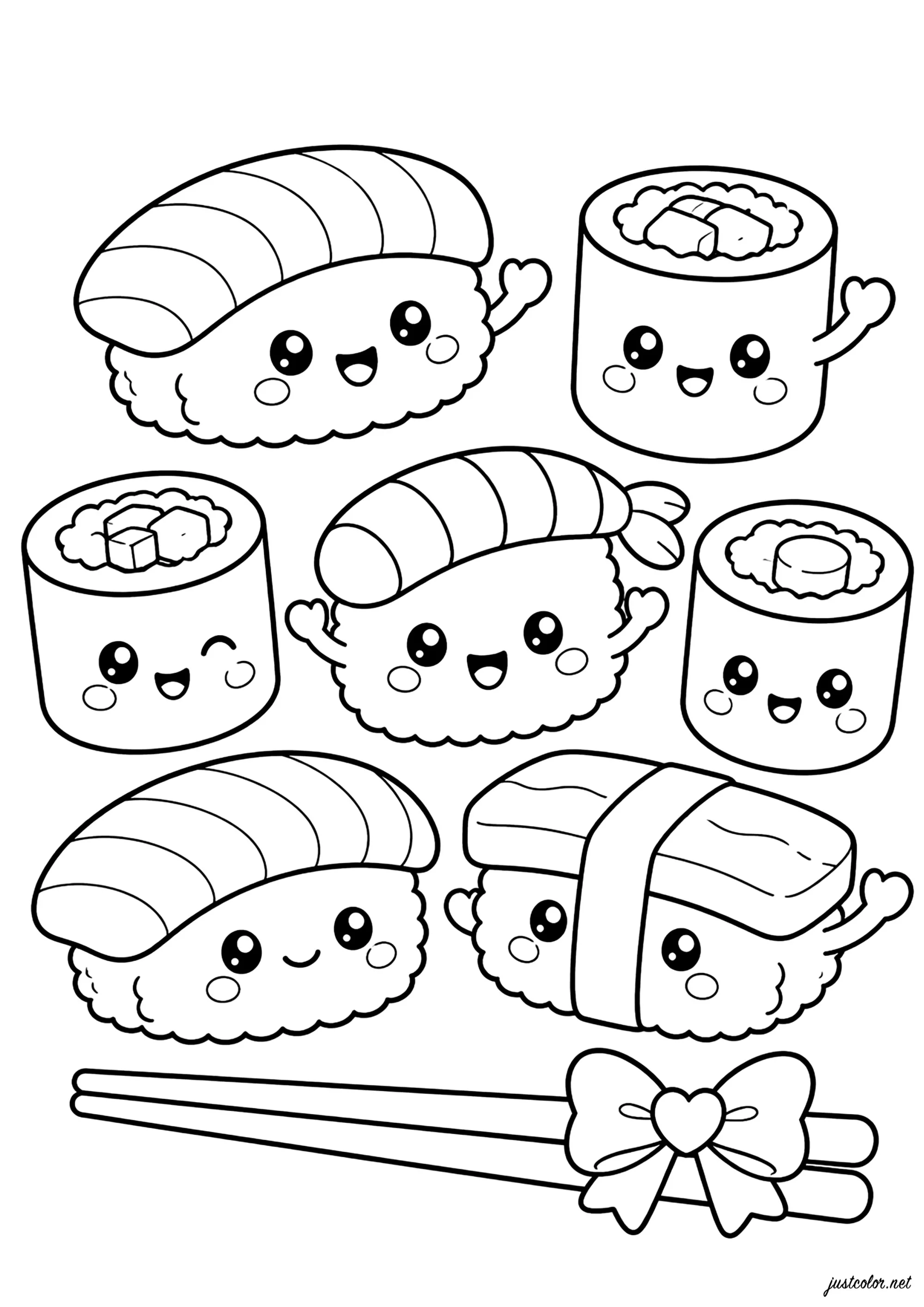 Süße Sushi (Ausmalbild von Kawaii zum Ausdrucken und Ausmalen für Kinder)