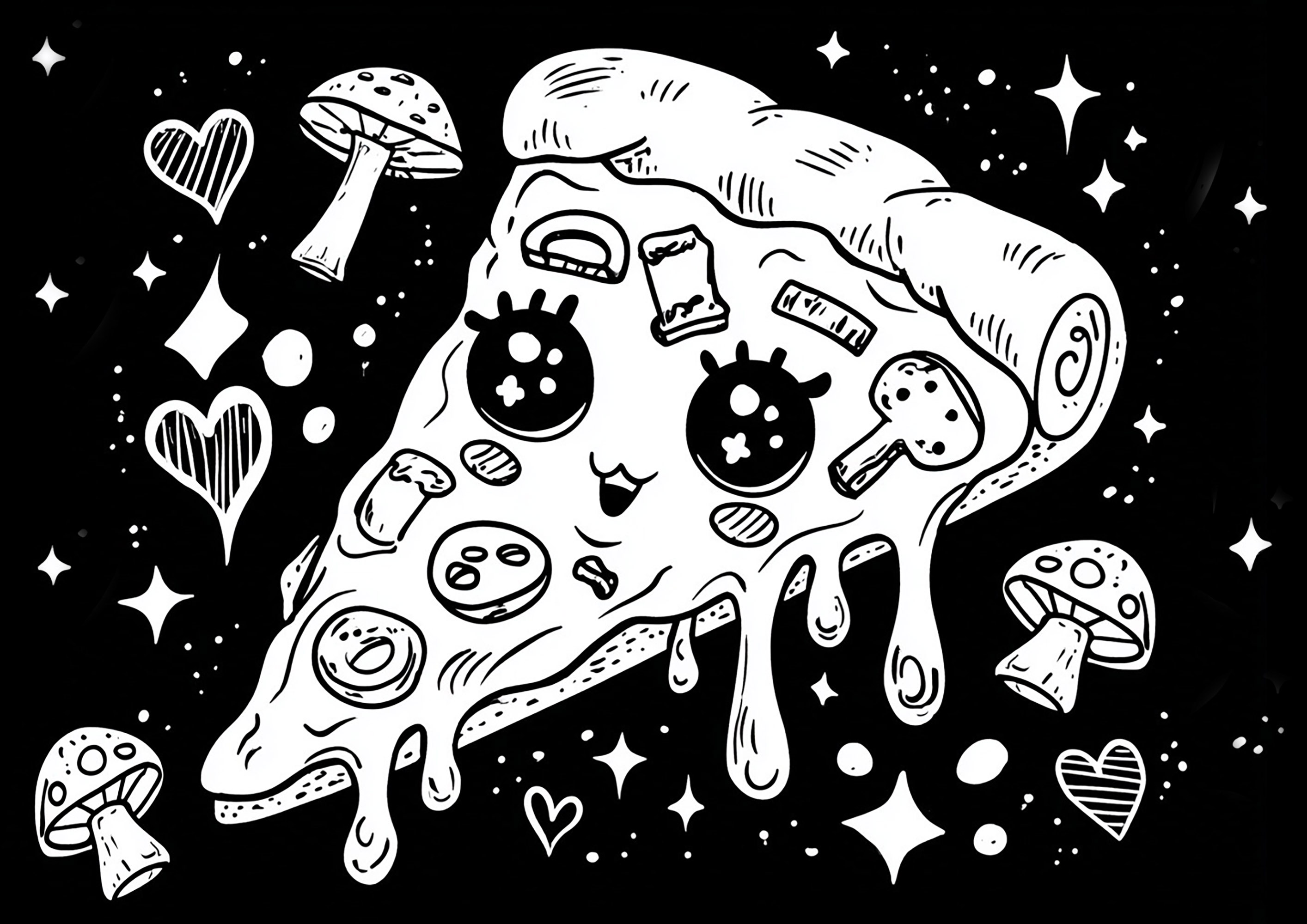 Anteil der Pizza des Weltraums (Ausmalbild von Kawaii zum Ausdrucken und Ausmalen für Kinder)