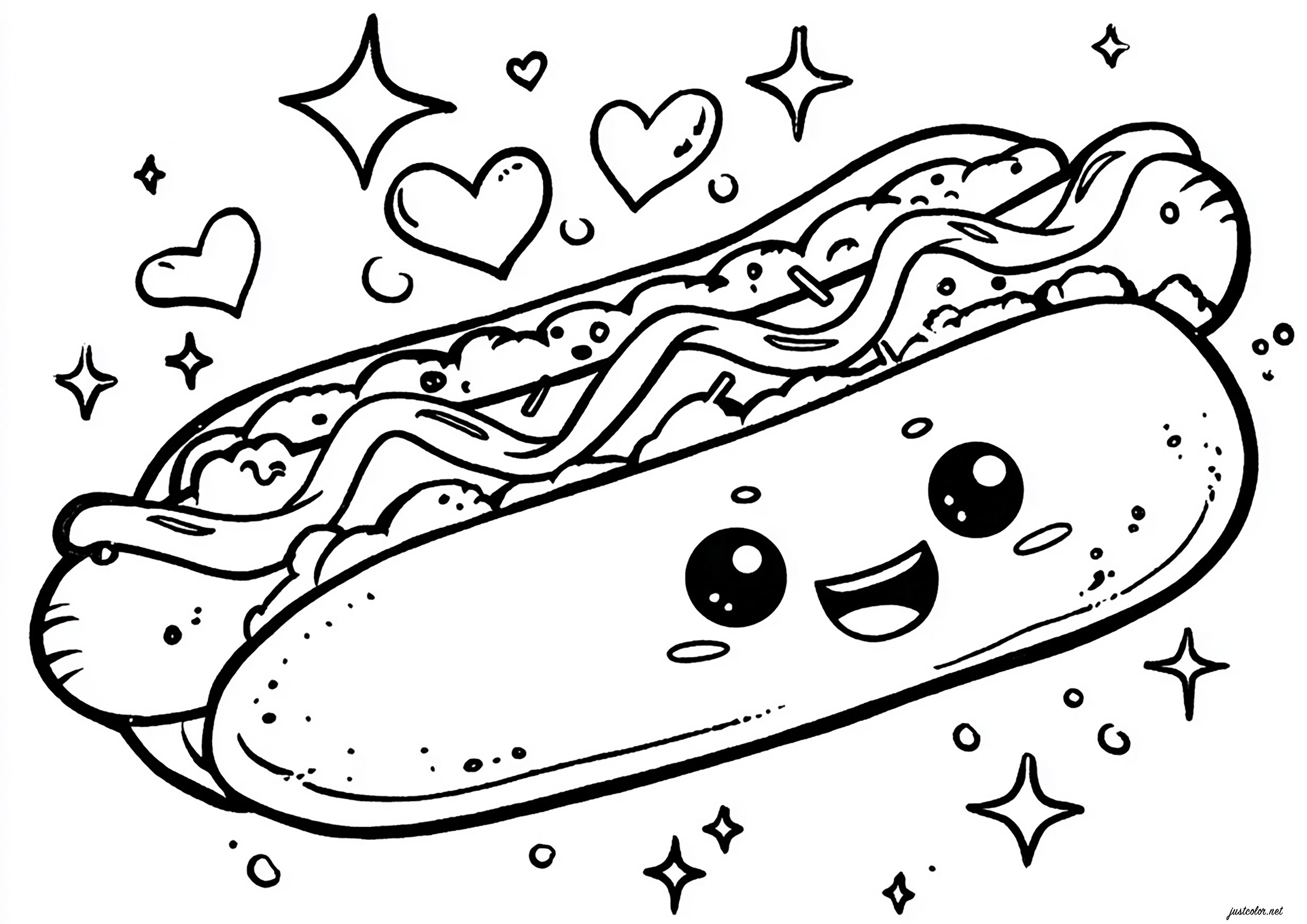 Hot Dog (Ausmalbild von Kawaii zum Ausdrucken und Ausmalen für Kinder)