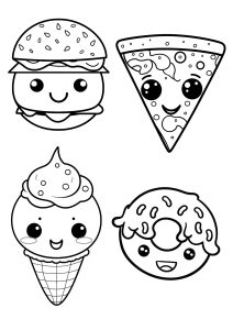 Kawaii-Stil Burger, Pizza, Eis und Donut. (Ausmalbild)