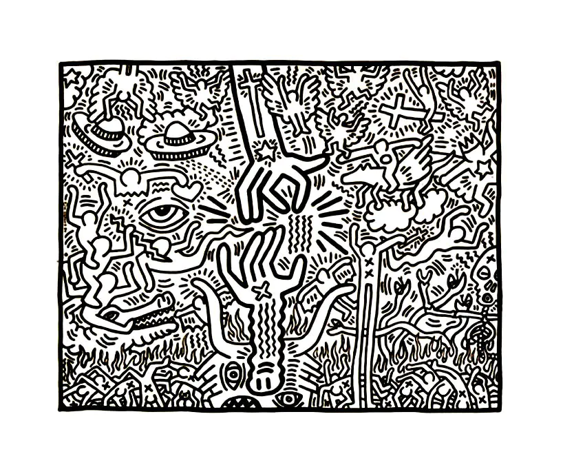Komplexe Zeichnung von Keith Haring voller Details (Ausmalbild zum Ausdrucken und Ausmalen für Kinder)
